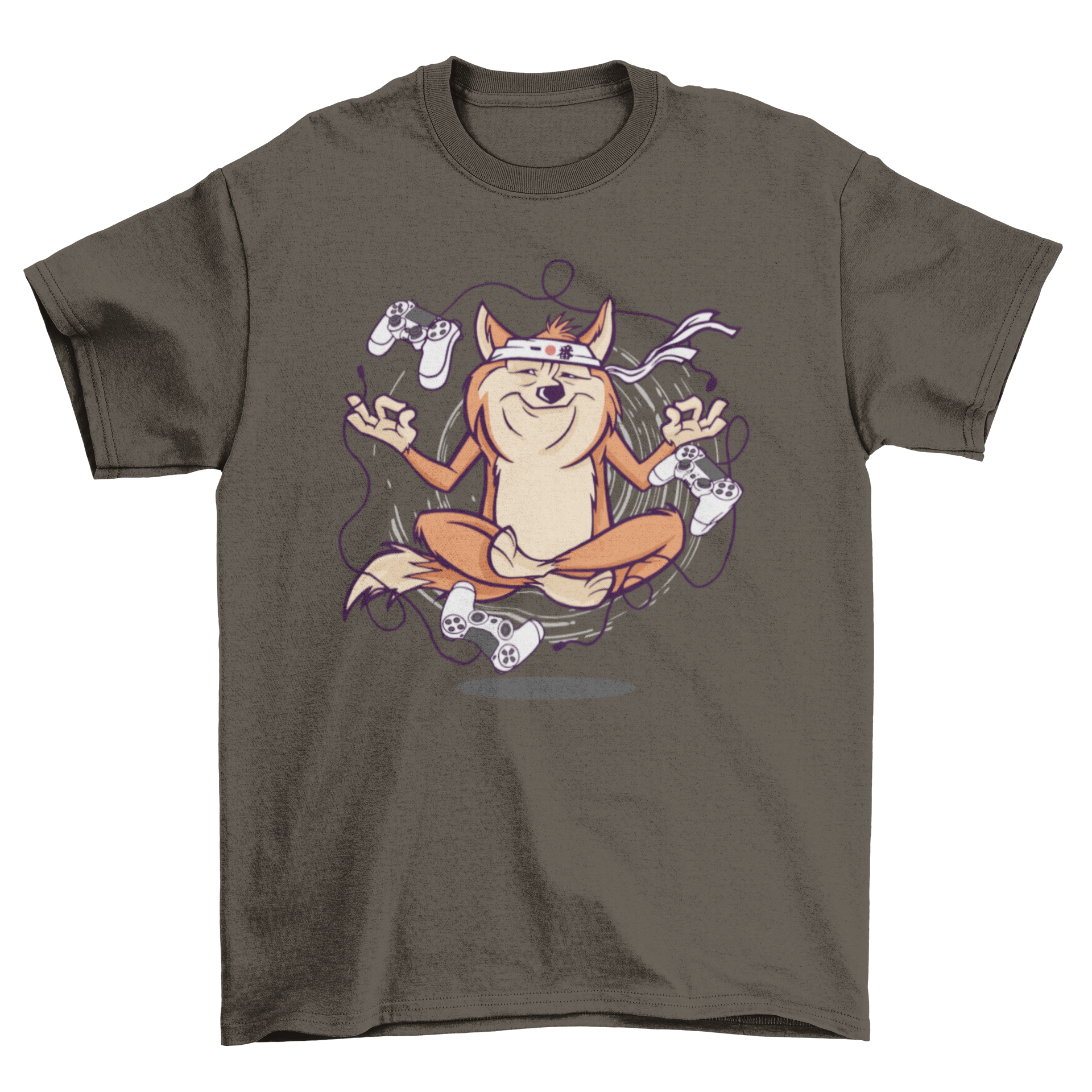 Gamer Dog Meditating T-Shirt featuring a Shiba Inu dog surrounded by game controllers.