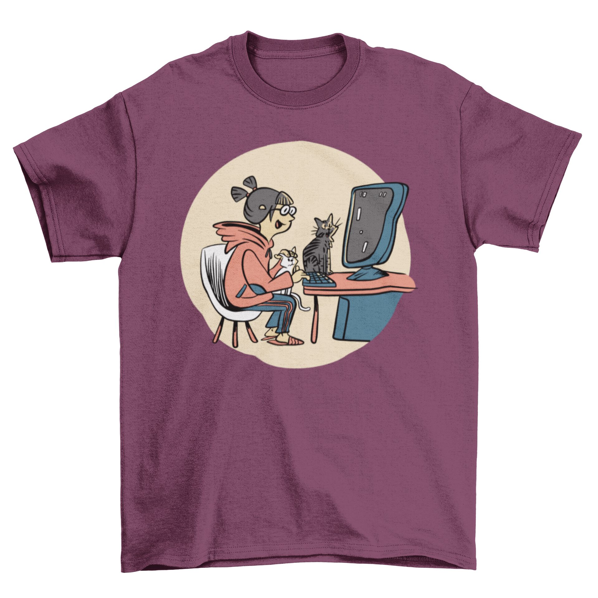 A stylish t-shirt featuring a gamer girl with two cats, one on her lap and another on her desk, perfect for cat-loving gamers.