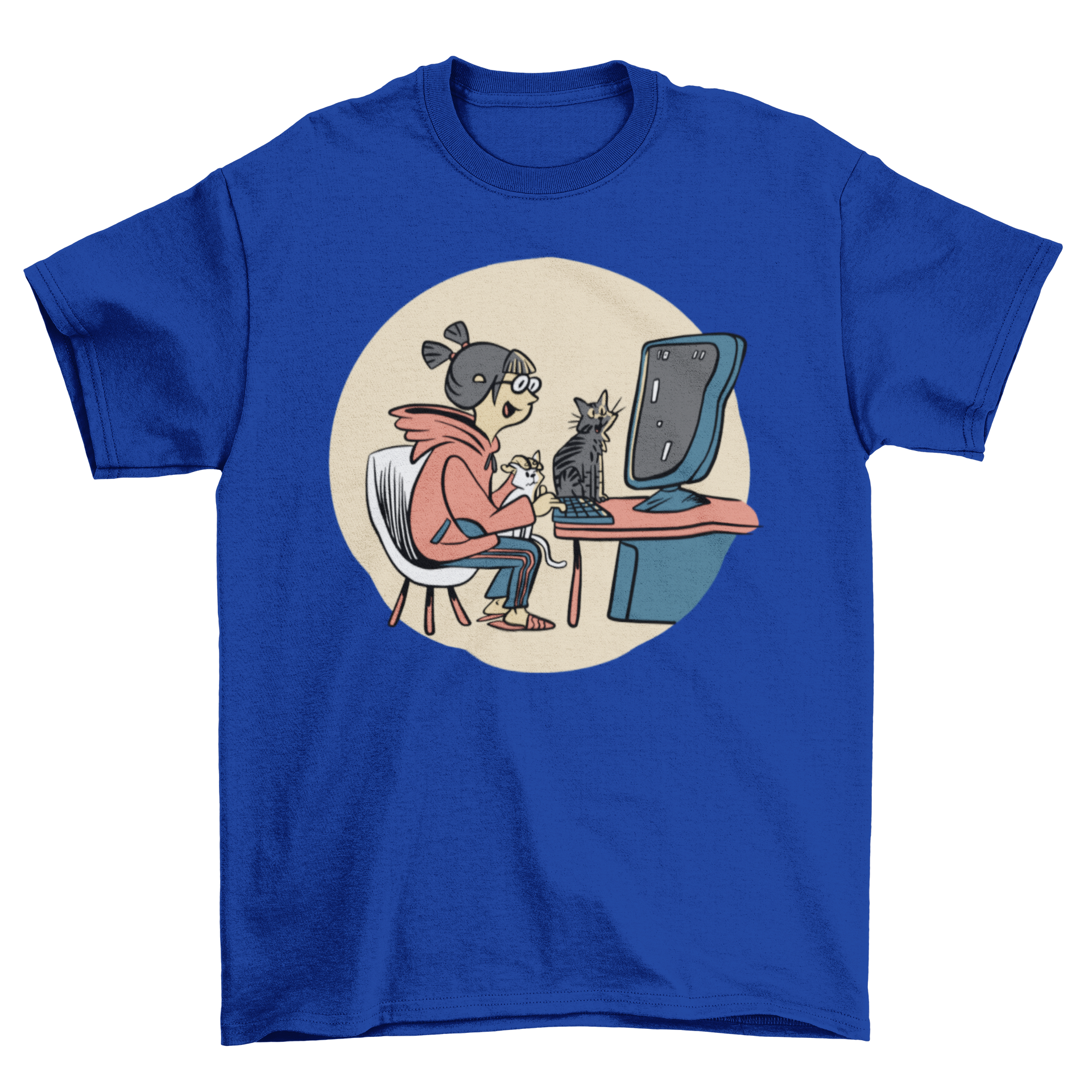 A stylish t-shirt featuring a gamer girl with two cats, one on her lap and another on her desk, perfect for cat-loving gamers.