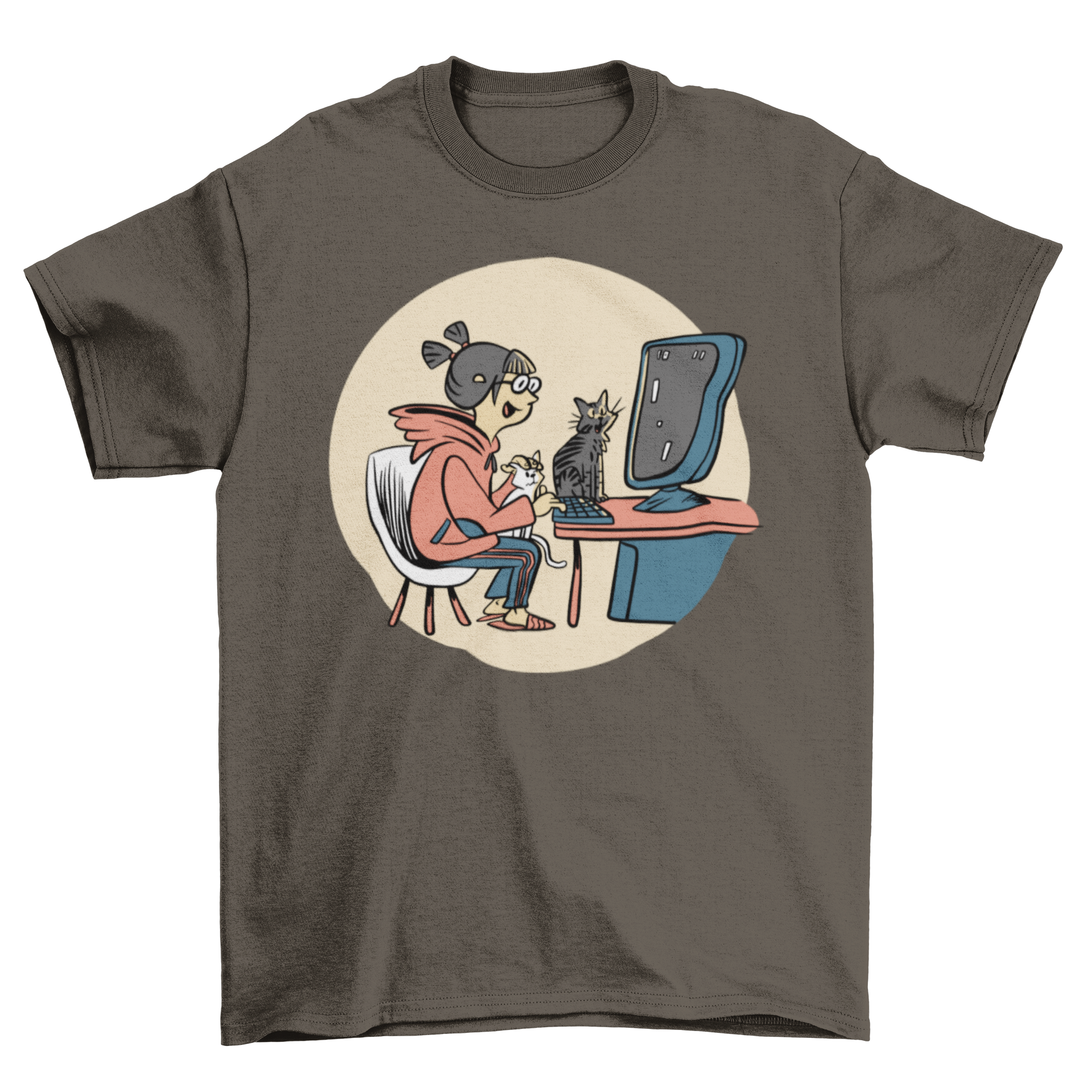 A stylish t-shirt featuring a gamer girl with two cats, one on her lap and another on her desk, perfect for cat-loving gamers.