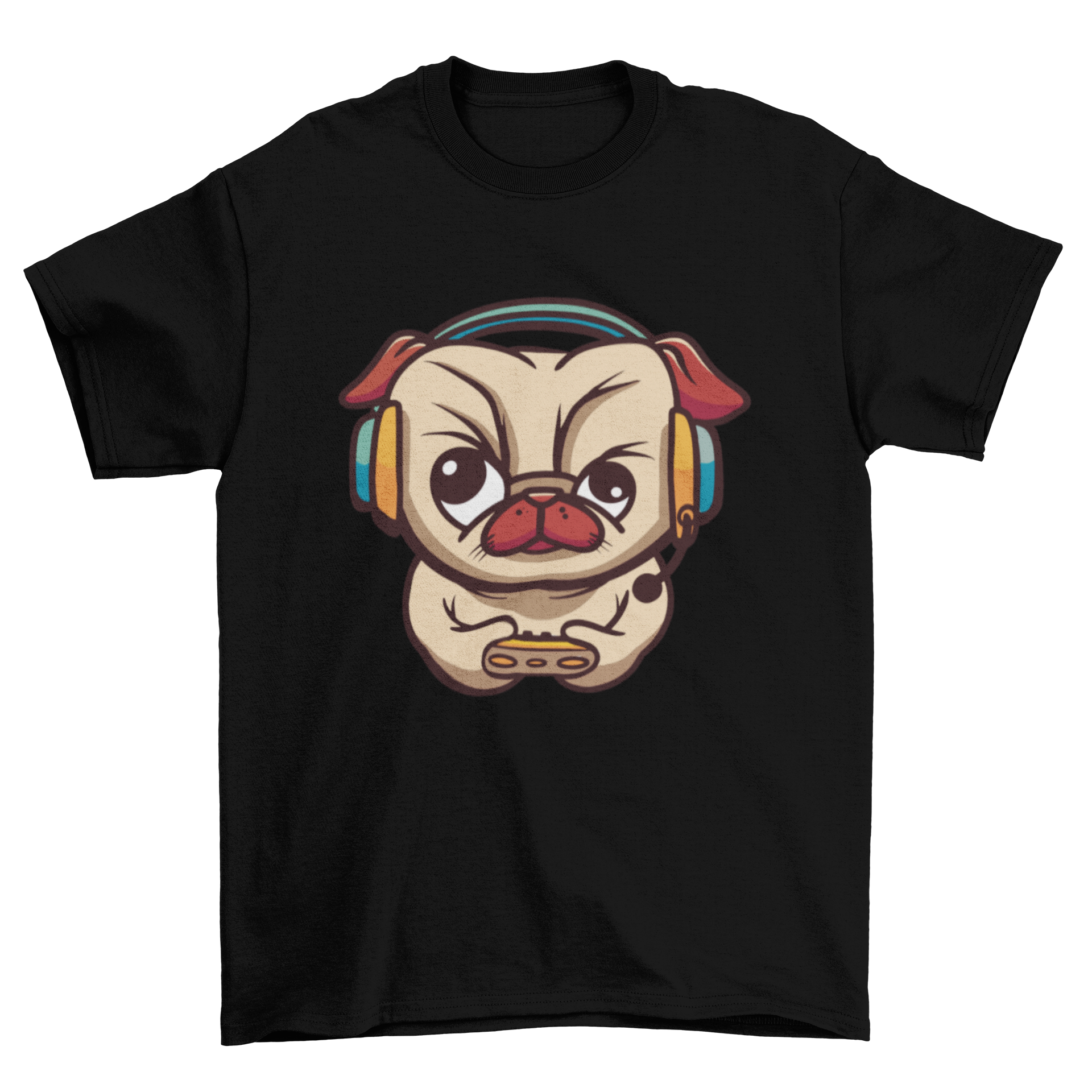 A humorous t-shirt featuring a pug playing video games, showcasing a fun design for gamers.