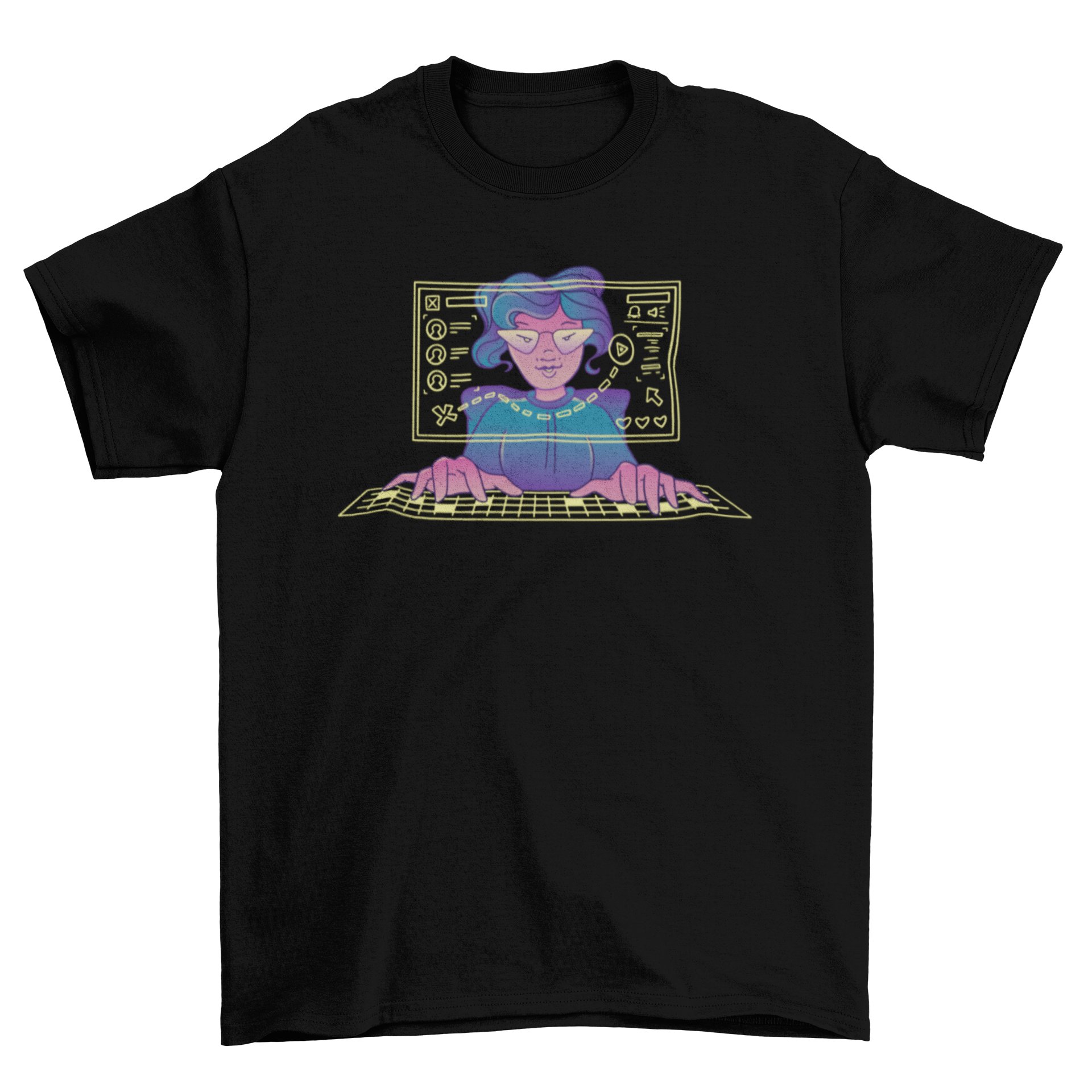 A stylish t-shirt featuring a girl gaming on her computer, perfect for female gamers.