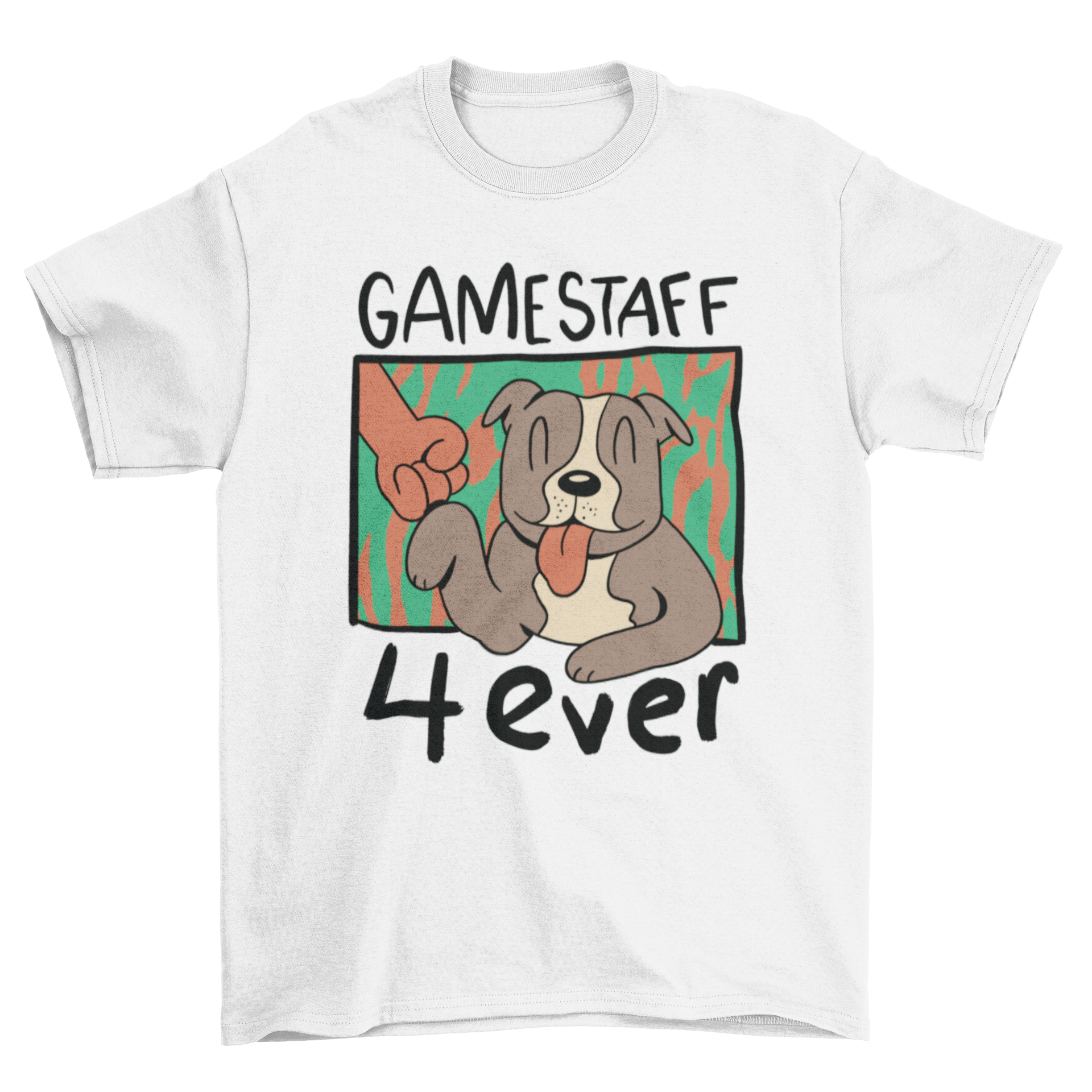Gamestaff Bull Terriers t-shirt featuring a bull terrier dog fist-bumping a person with the quote 'Gamstaff 4ever'.