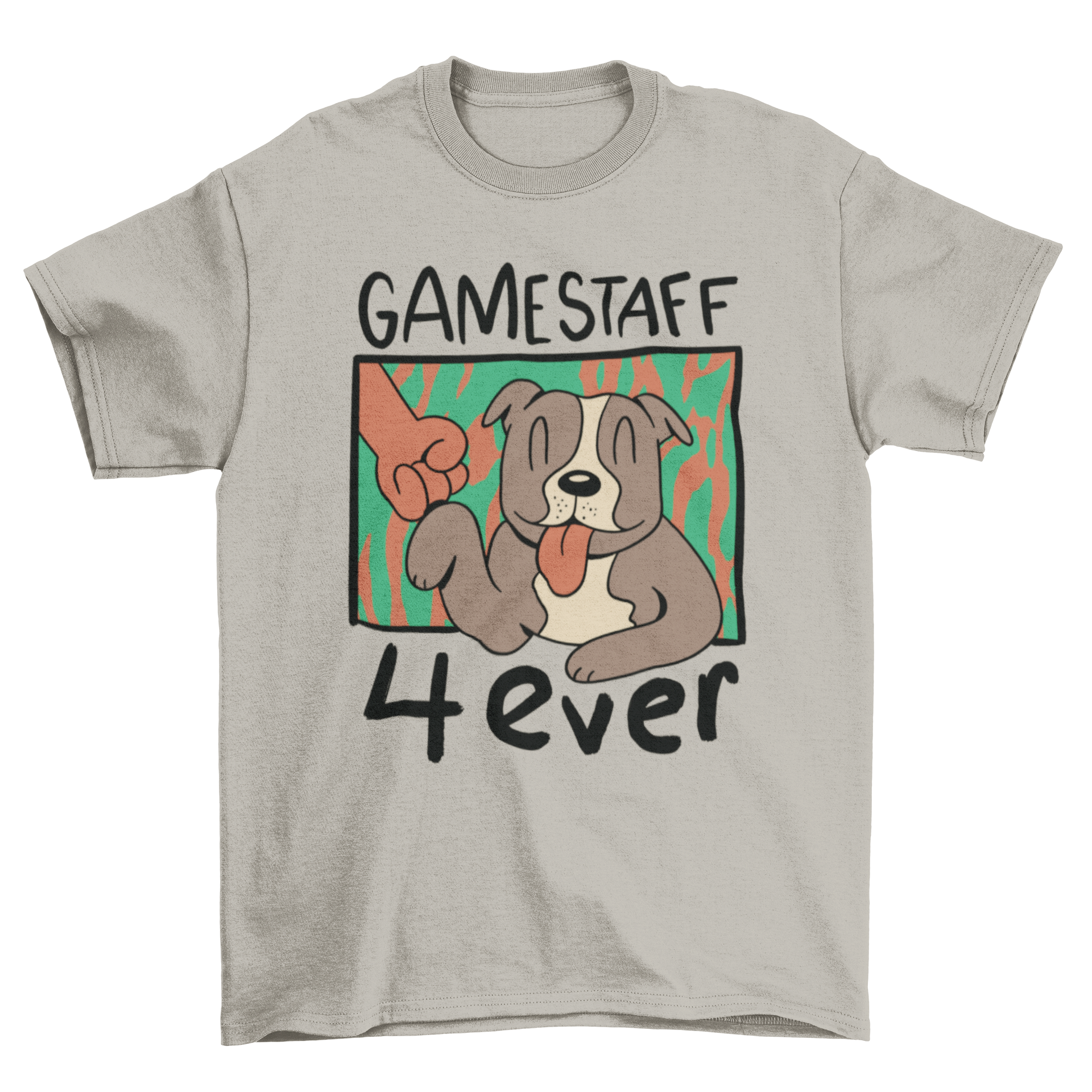 Gamestaff Bull Terriers t-shirt featuring a bull terrier dog fist-bumping a person with the quote 'Gamstaff 4ever'.