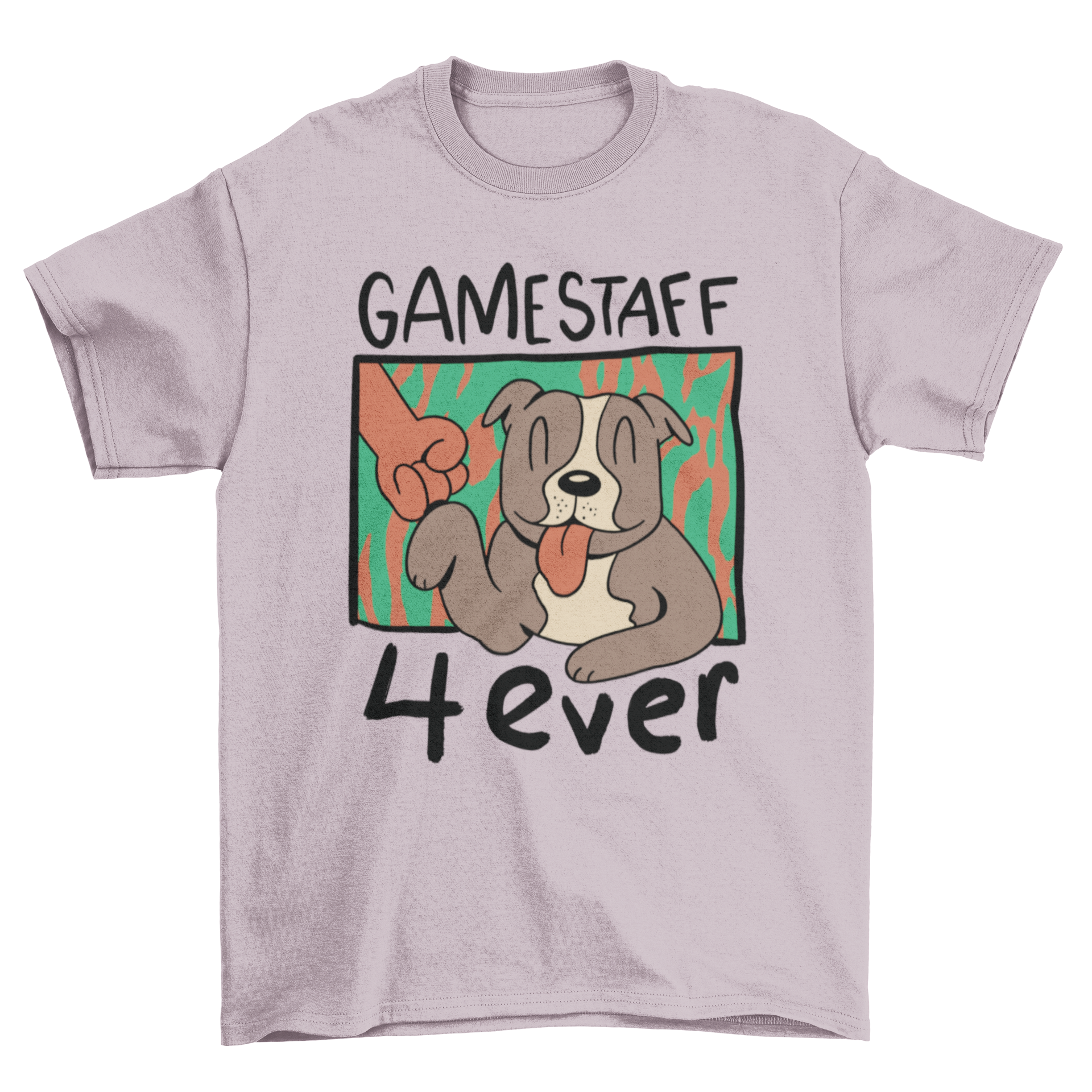 Gamestaff Bull Terriers t-shirt featuring a bull terrier dog fist-bumping a person with the quote 'Gamstaff 4ever'.