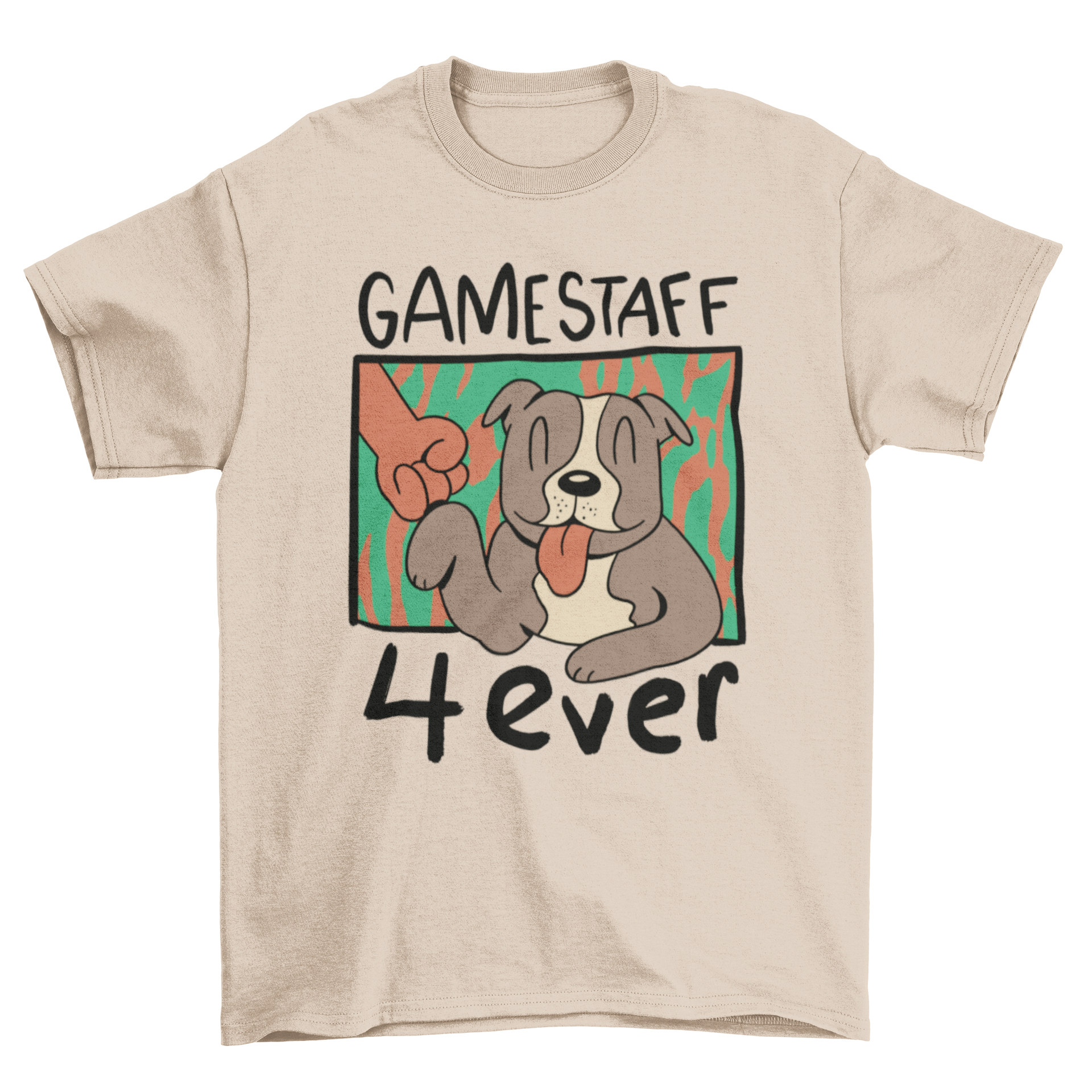 Gamestaff Bull Terriers t-shirt featuring a bull terrier dog fist-bumping a person with the quote 'Gamstaff 4ever'.
