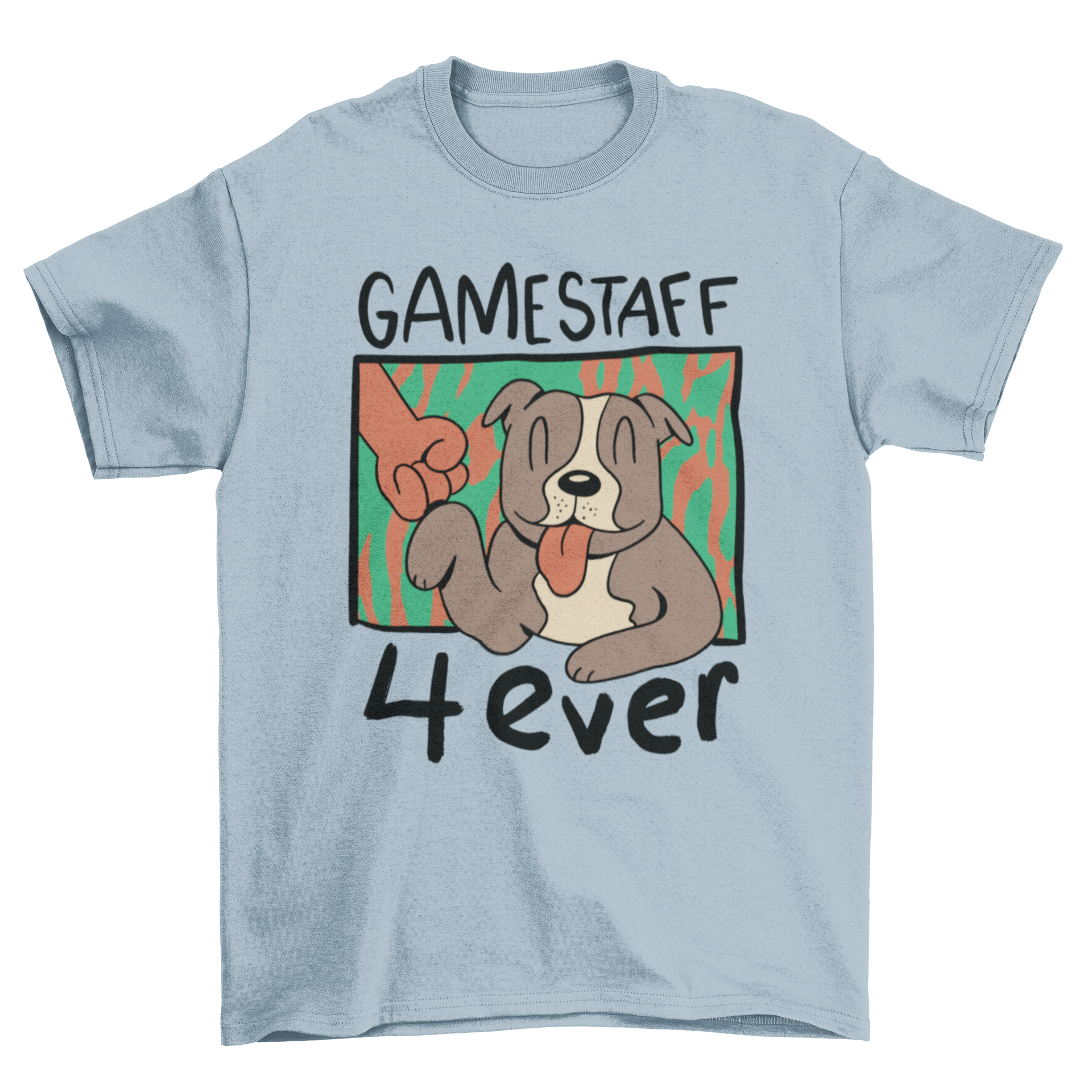 Gamestaff Bull Terriers t-shirt featuring a bull terrier dog fist-bumping a person with the quote 'Gamstaff 4ever'.