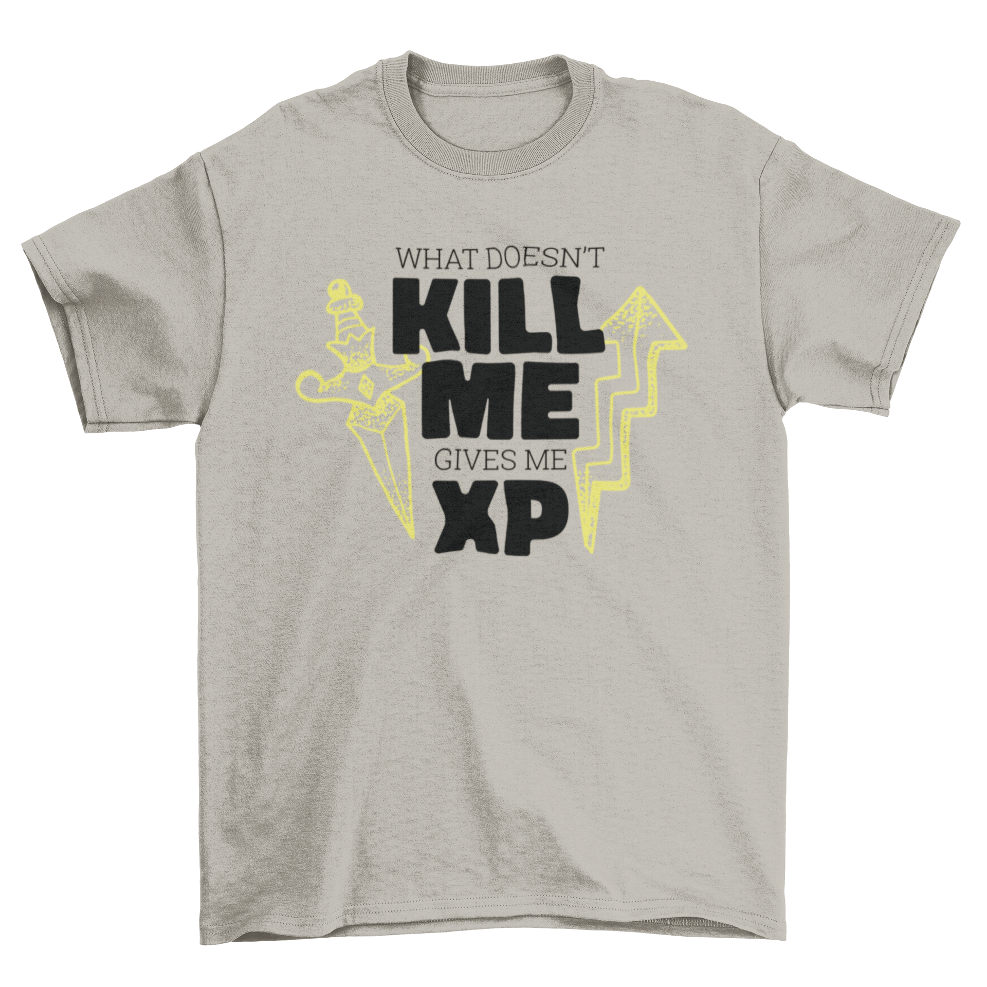 A stylish black T-shirt featuring the quote 'WHAT DOESN'T KILL ME GIVES ME XP' in bold white letters, perfect for gamers.
