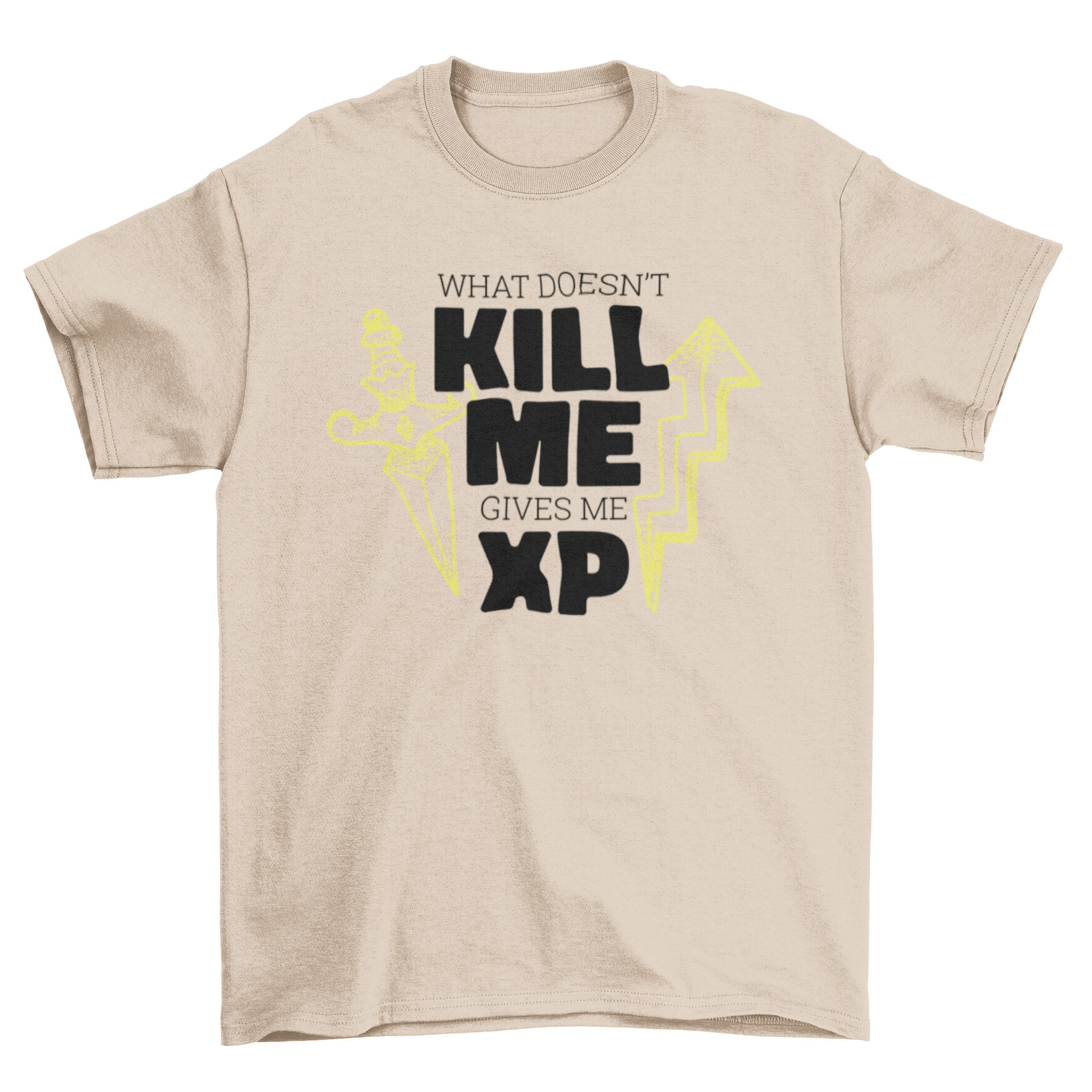 A stylish black T-shirt featuring the quote 'WHAT DOESN'T KILL ME GIVES ME XP' in bold white letters, perfect for gamers.