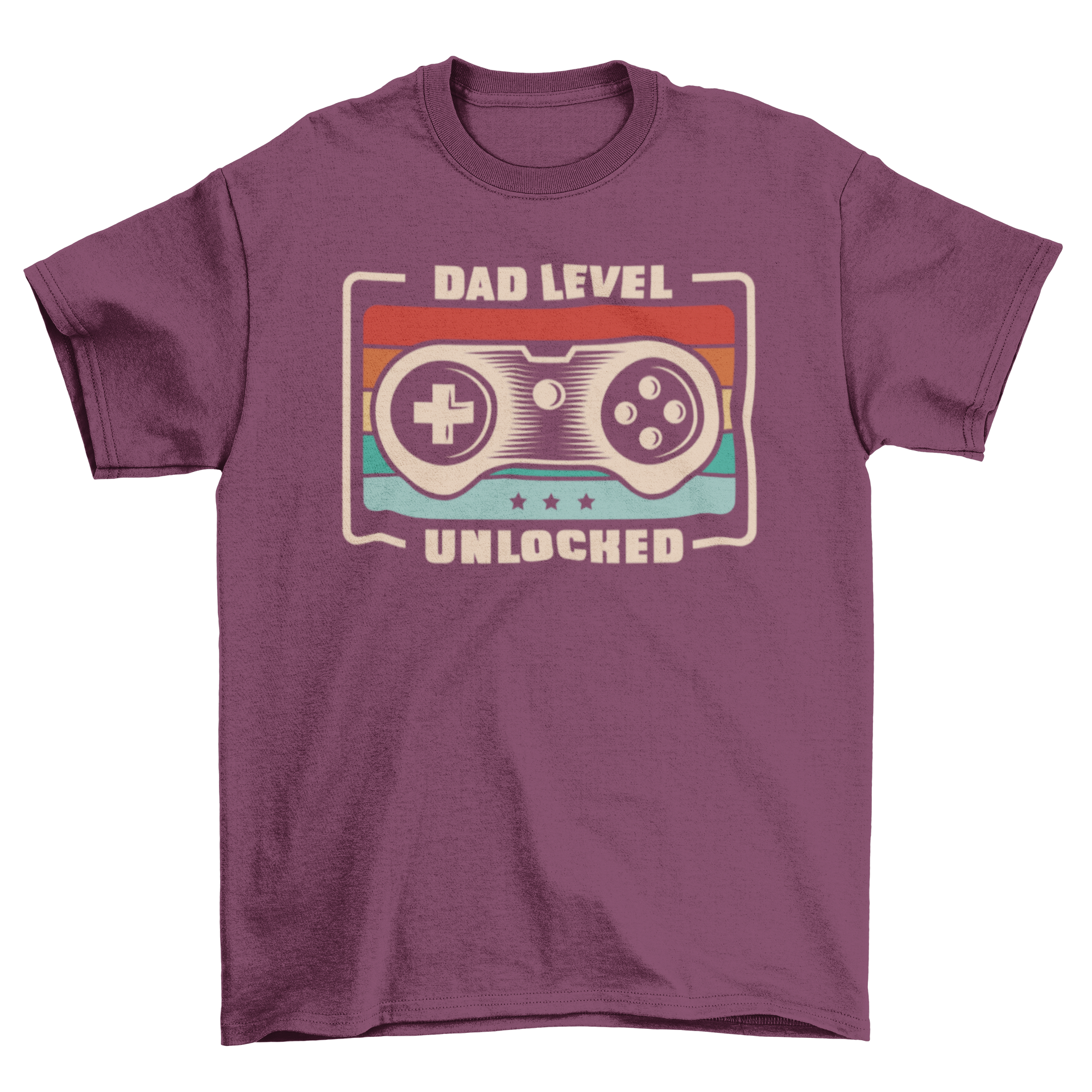 A humorous t-shirt featuring a gaming joystick and the quote 'Dad level unlocked', perfect for gaming dads.