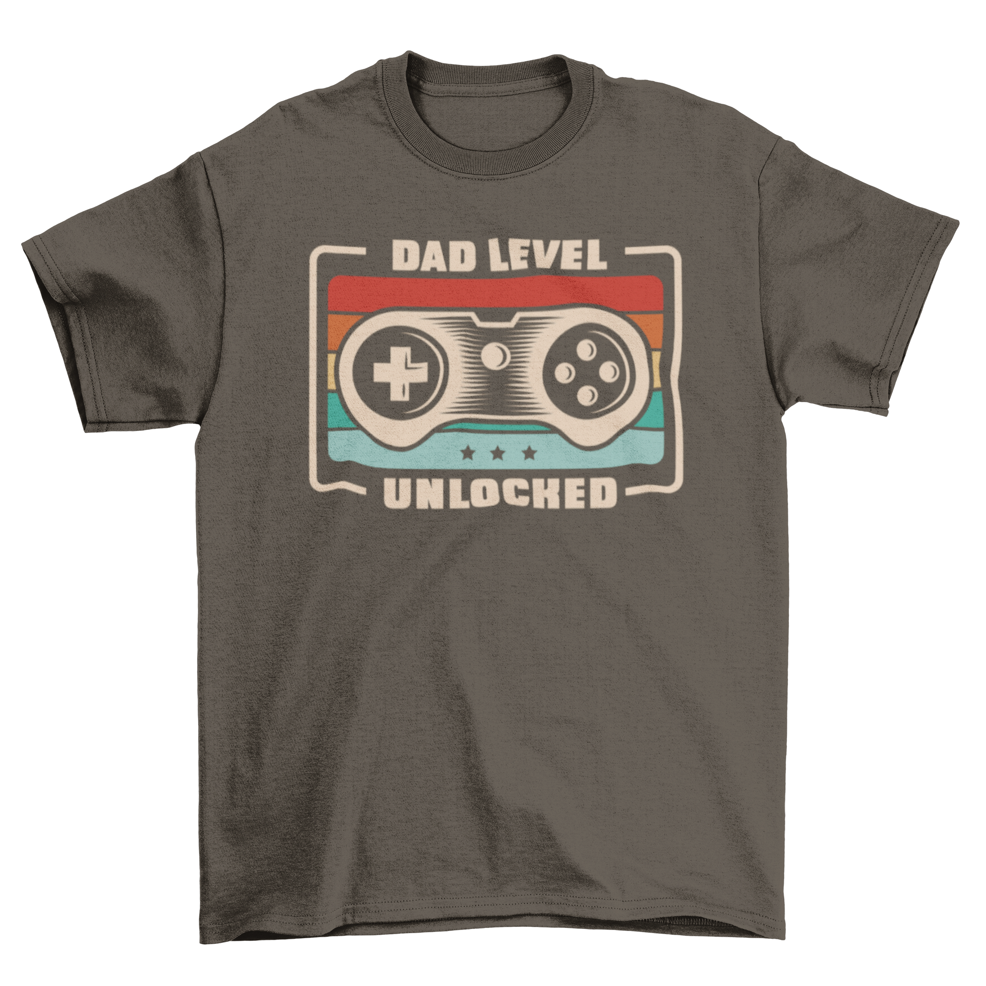 A humorous t-shirt featuring a gaming joystick and the quote 'Dad level unlocked', perfect for gaming dads.