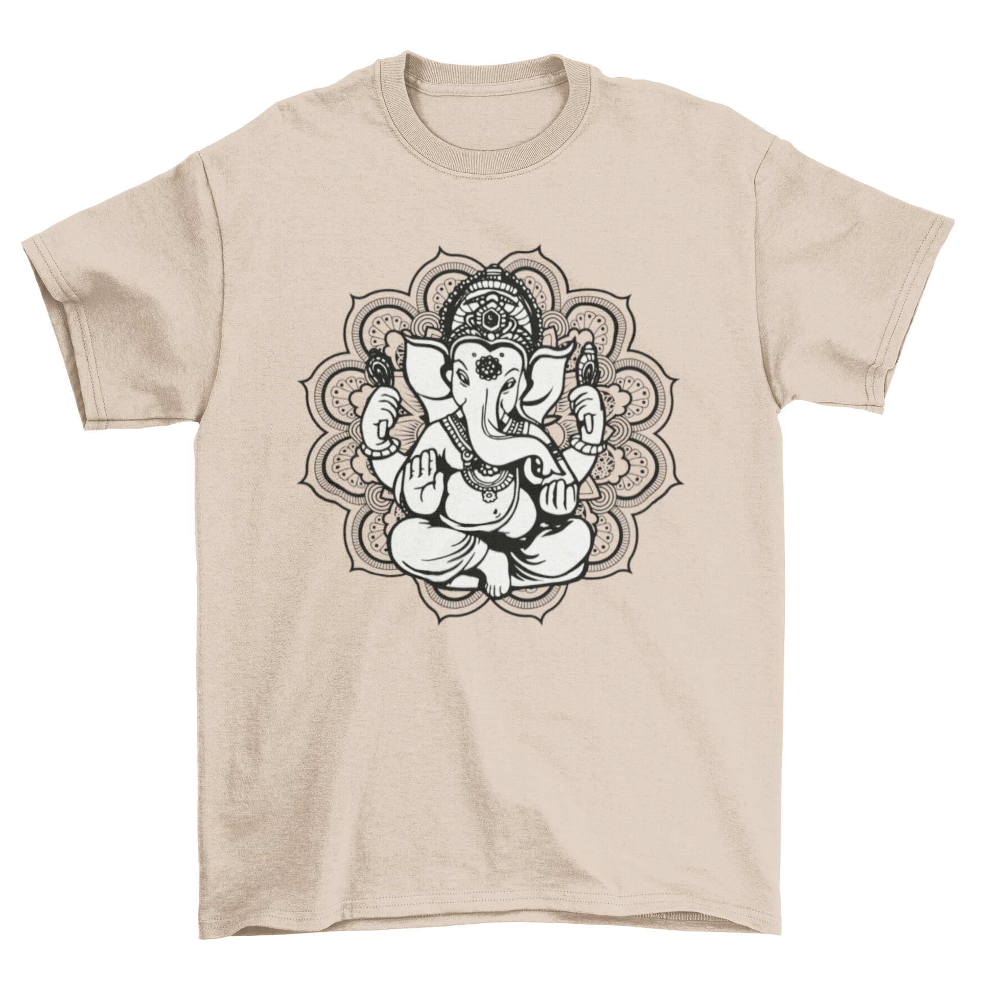 Ganesh Mandala T-Shirt featuring an intricate illustration of the elephant god Ganesh in vibrant mandala style.
