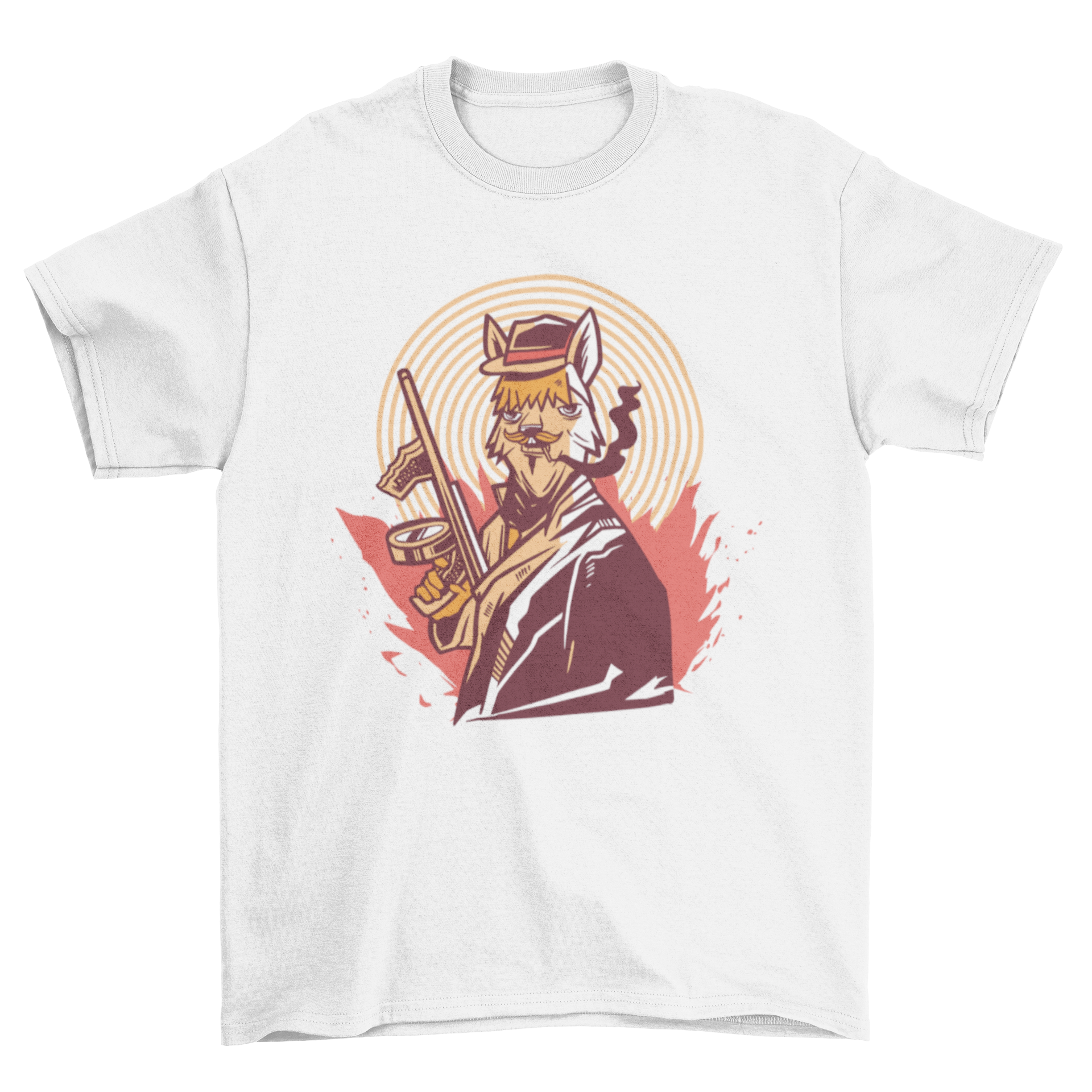 A stylish t-shirt featuring a cartoon alpaca dressed as a gangster, complete with a fedora and suit, set against a vibrant background.