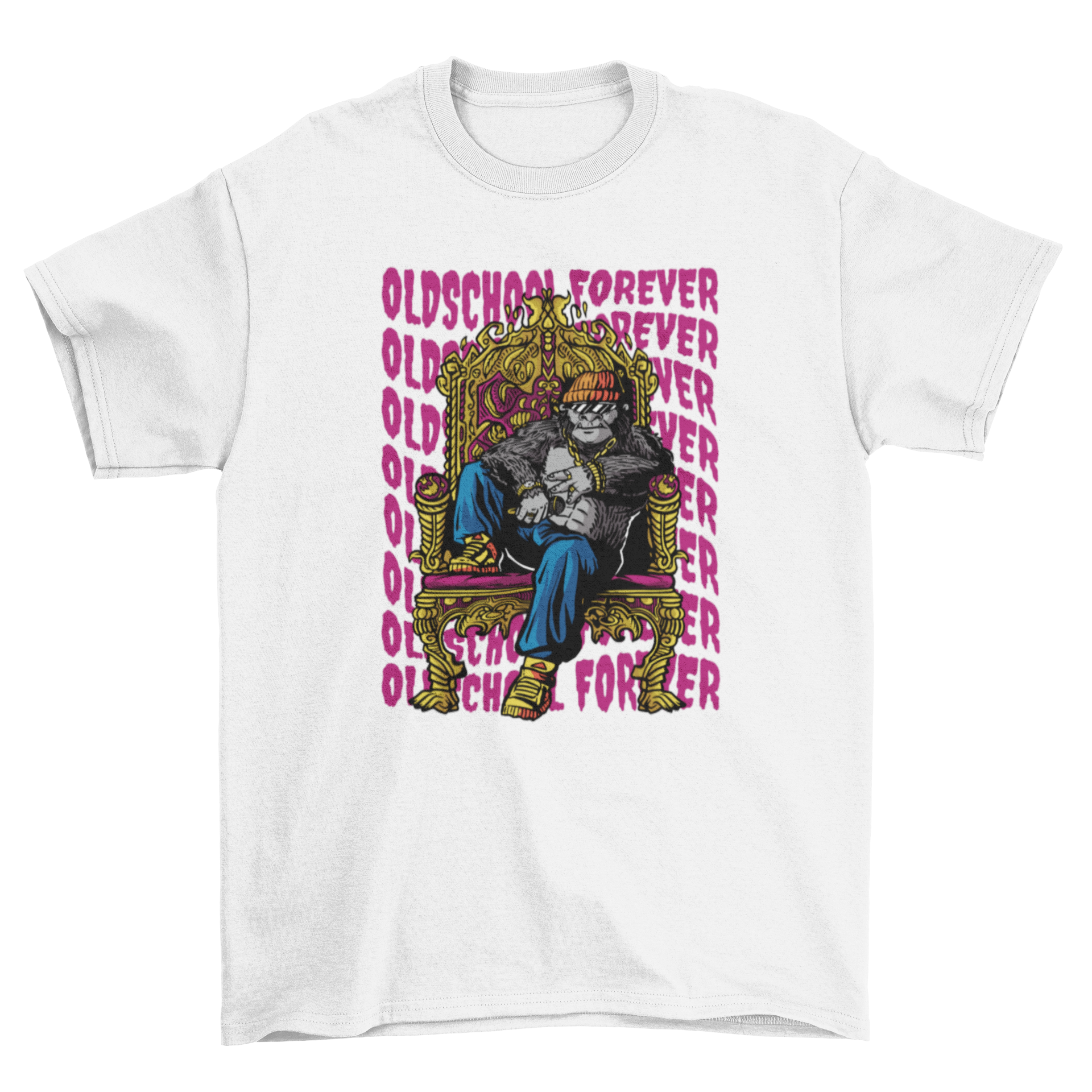 Gangster gorilla t-shirt featuring a gorilla in gangster attire sitting on a throne with the quote 'Old school forever'.