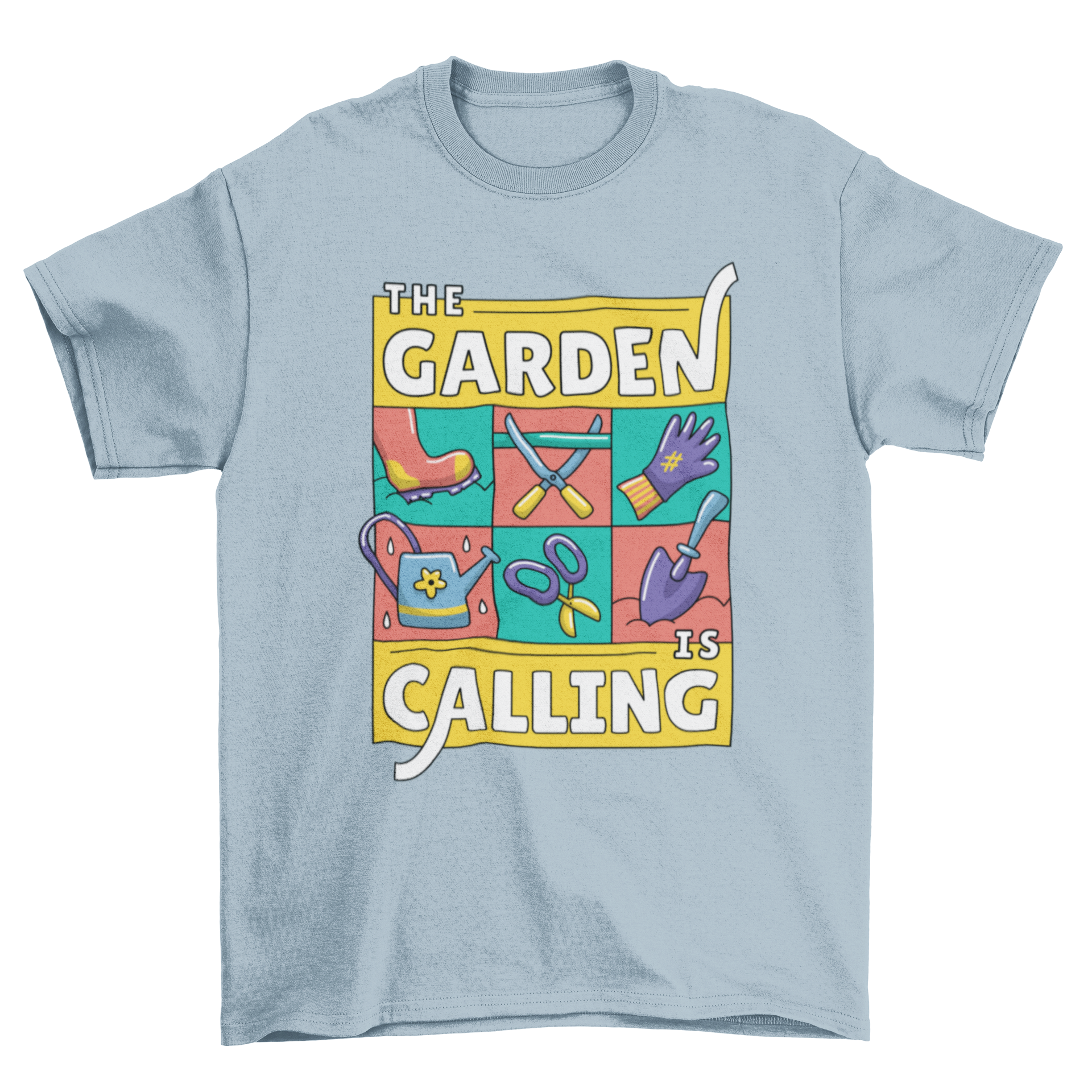 Garden Calling Illustration T-shirt featuring gardening elements and the phrase 'THE GARDEN IS CALLING'.