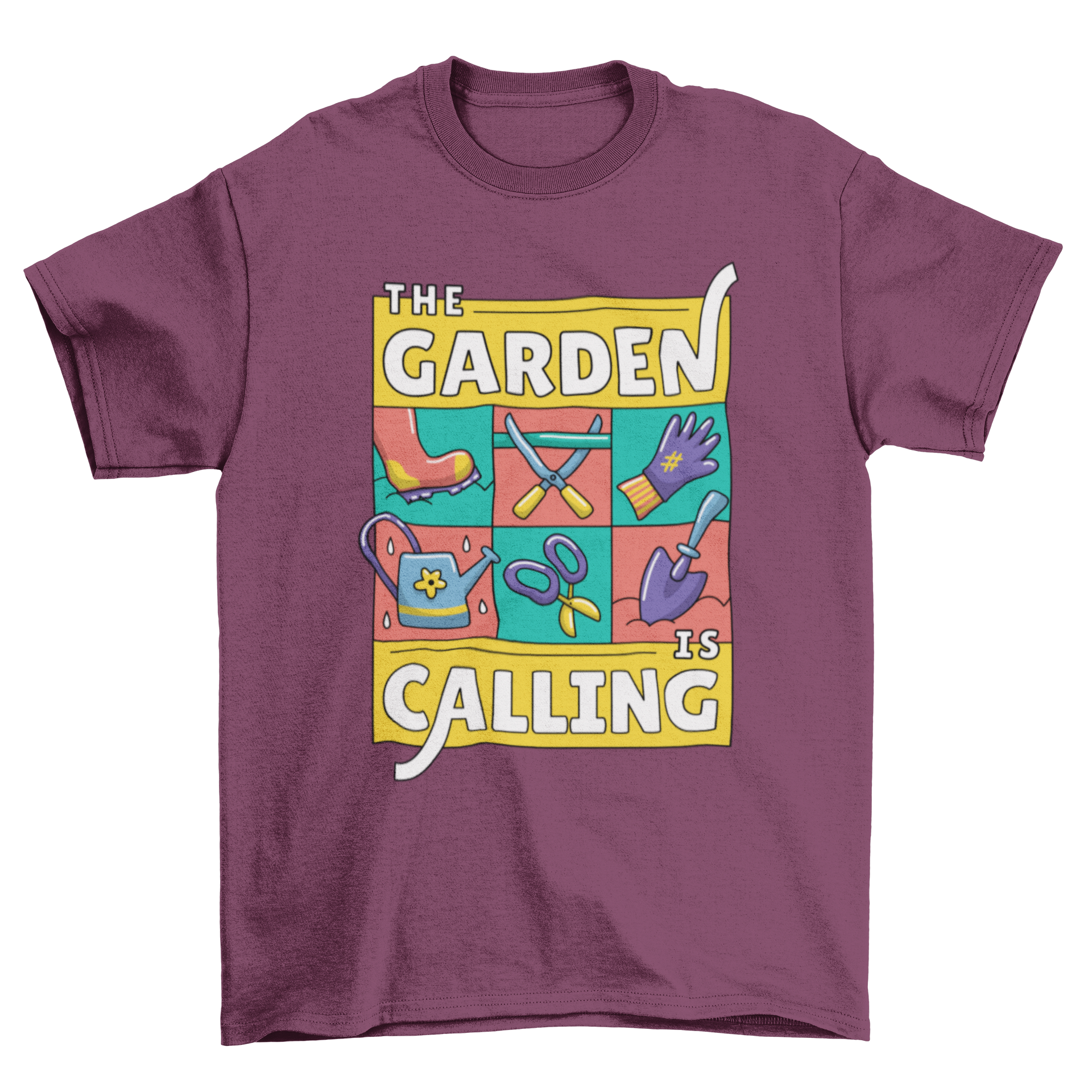 Garden Calling Illustration T-shirt featuring gardening elements and the phrase 'THE GARDEN IS CALLING'.