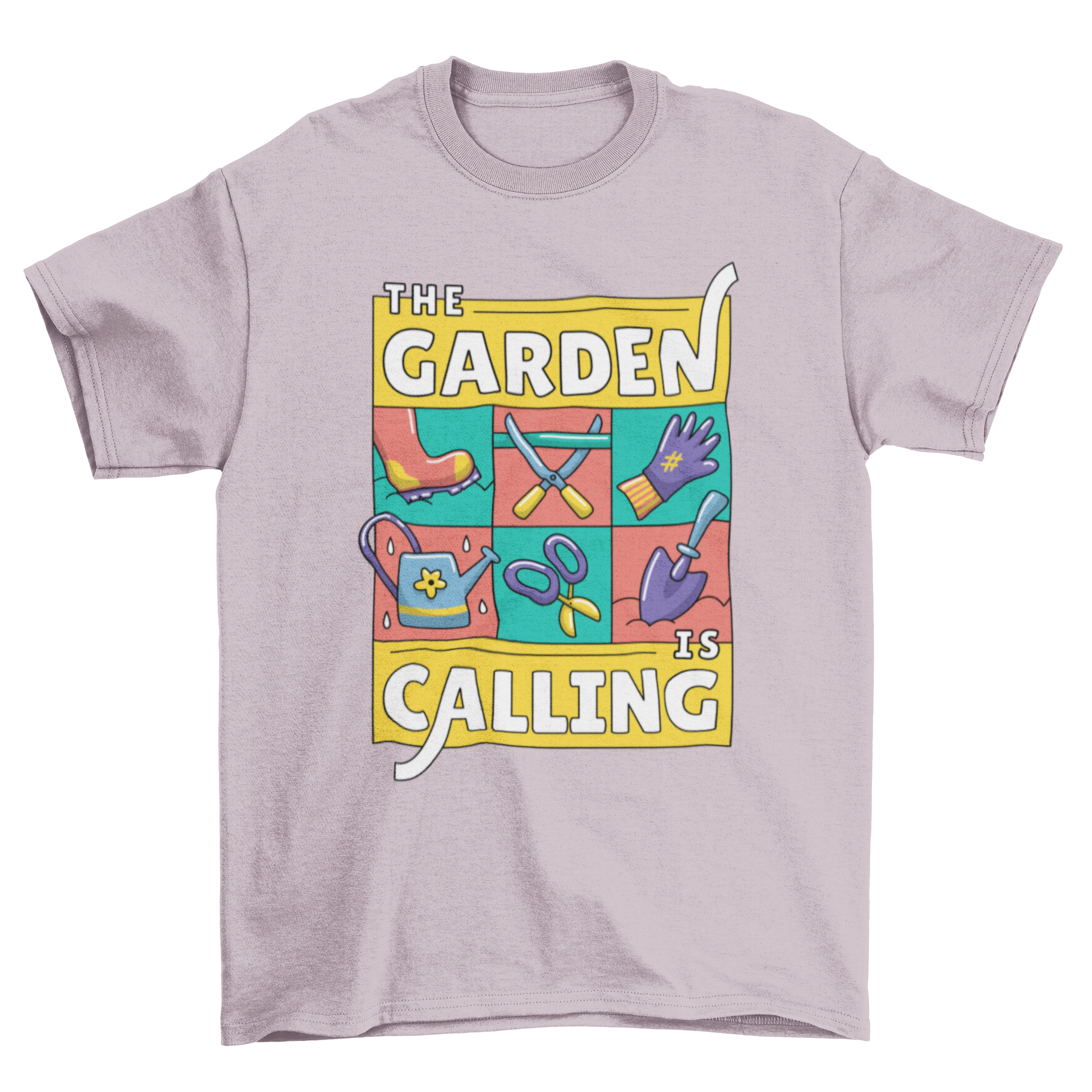 Garden Calling Illustration T-shirt featuring gardening elements and the phrase 'THE GARDEN IS CALLING'.