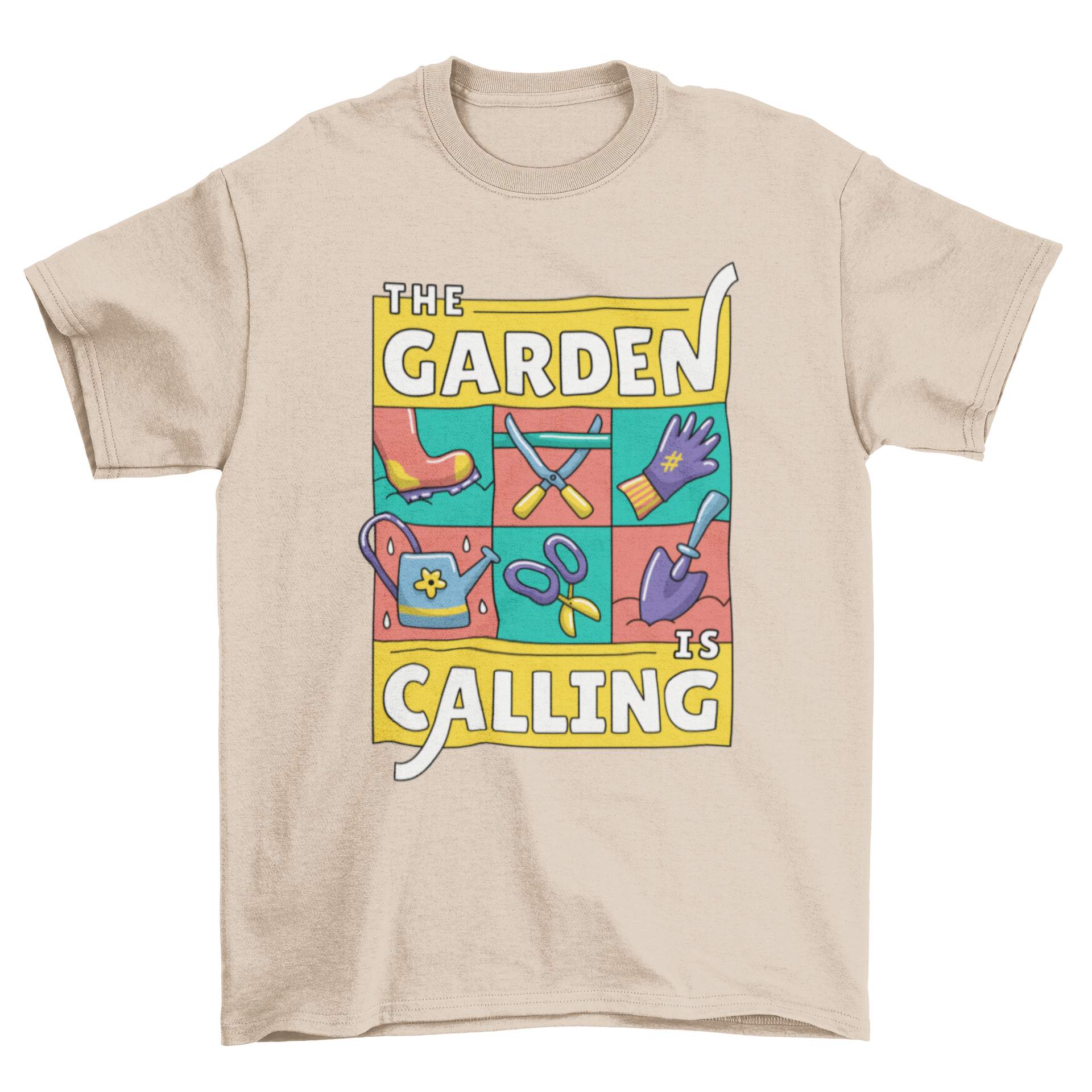 Garden Calling Illustration T-shirt featuring gardening elements and the phrase 'THE GARDEN IS CALLING'.