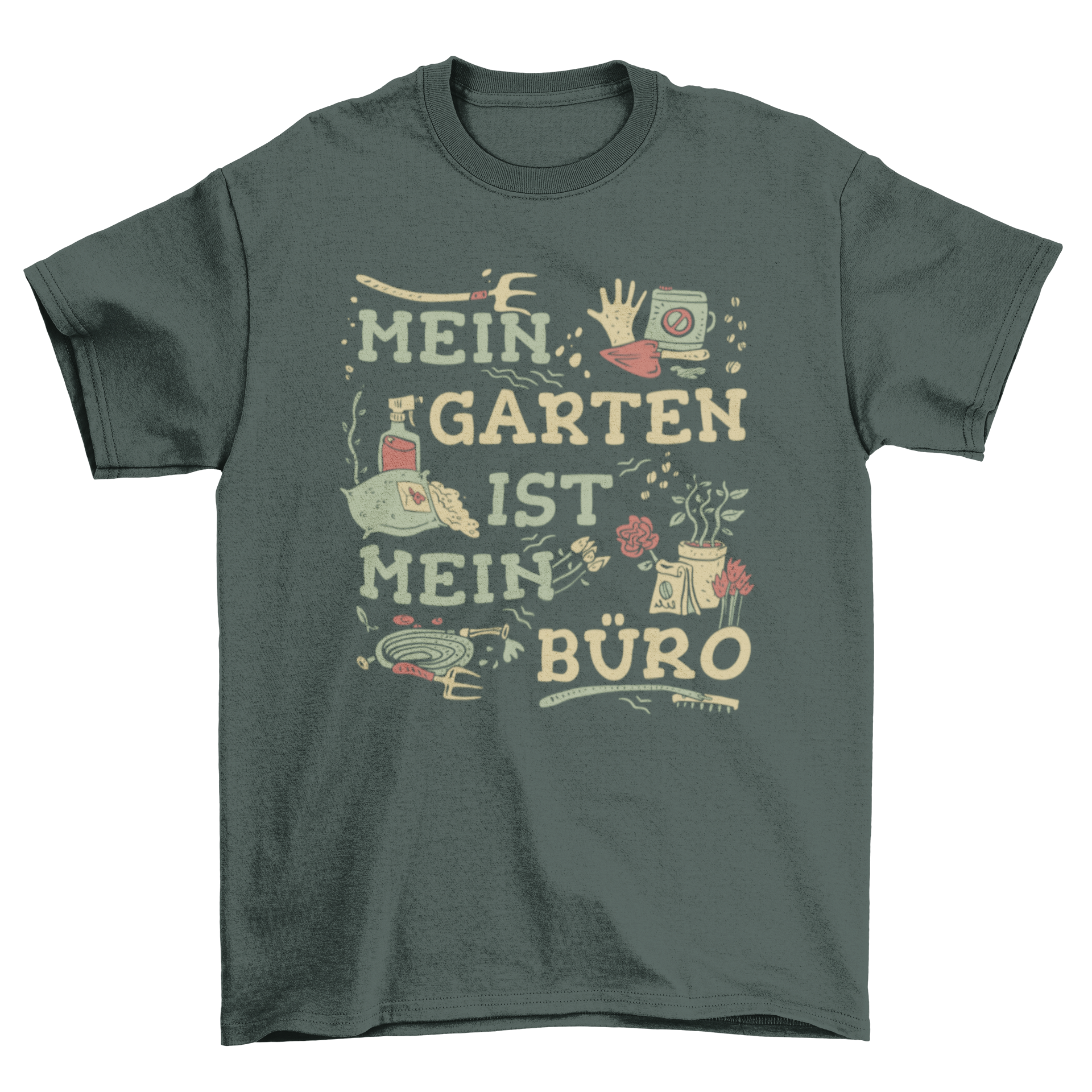 A vintage-style t-shirt featuring a German quote about gardening, adorned with illustrations of gardening tools and plants.