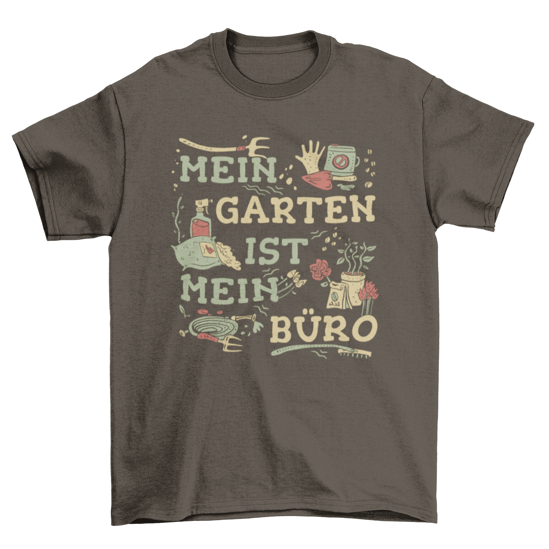 A vintage-style t-shirt featuring a German quote about gardening, adorned with illustrations of gardening tools and plants.