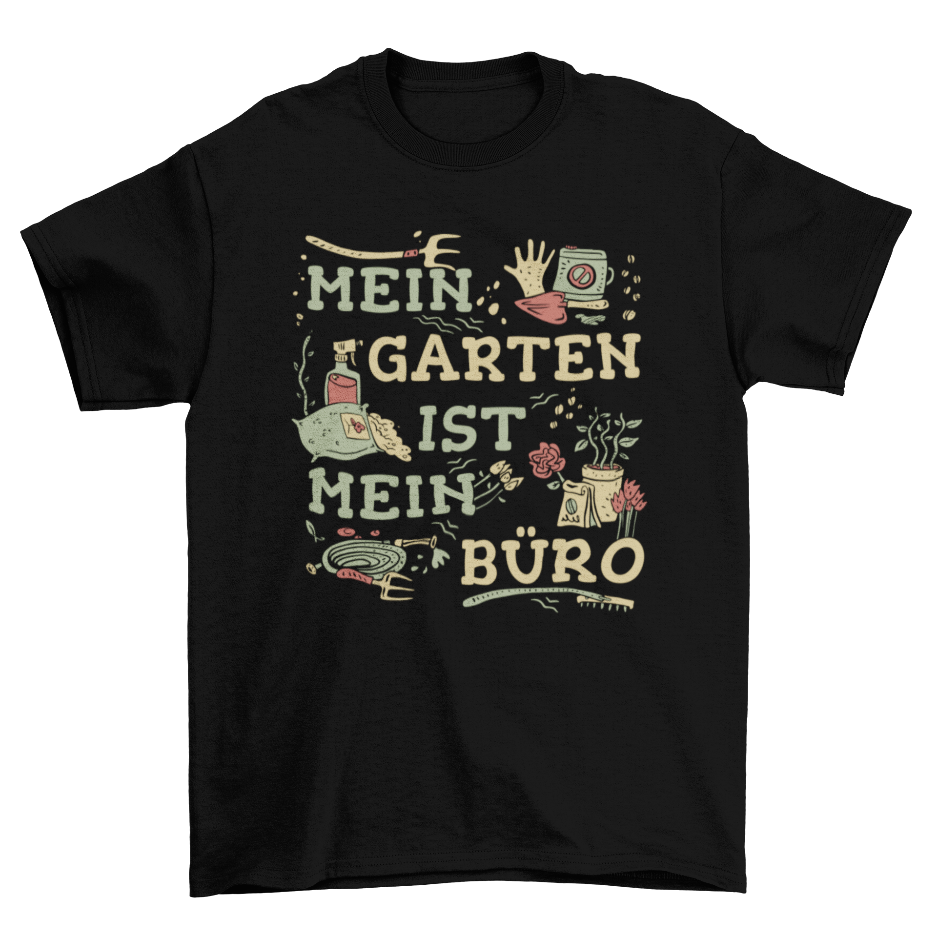 A vintage-style t-shirt featuring a German quote about gardening, adorned with illustrations of gardening tools and plants.