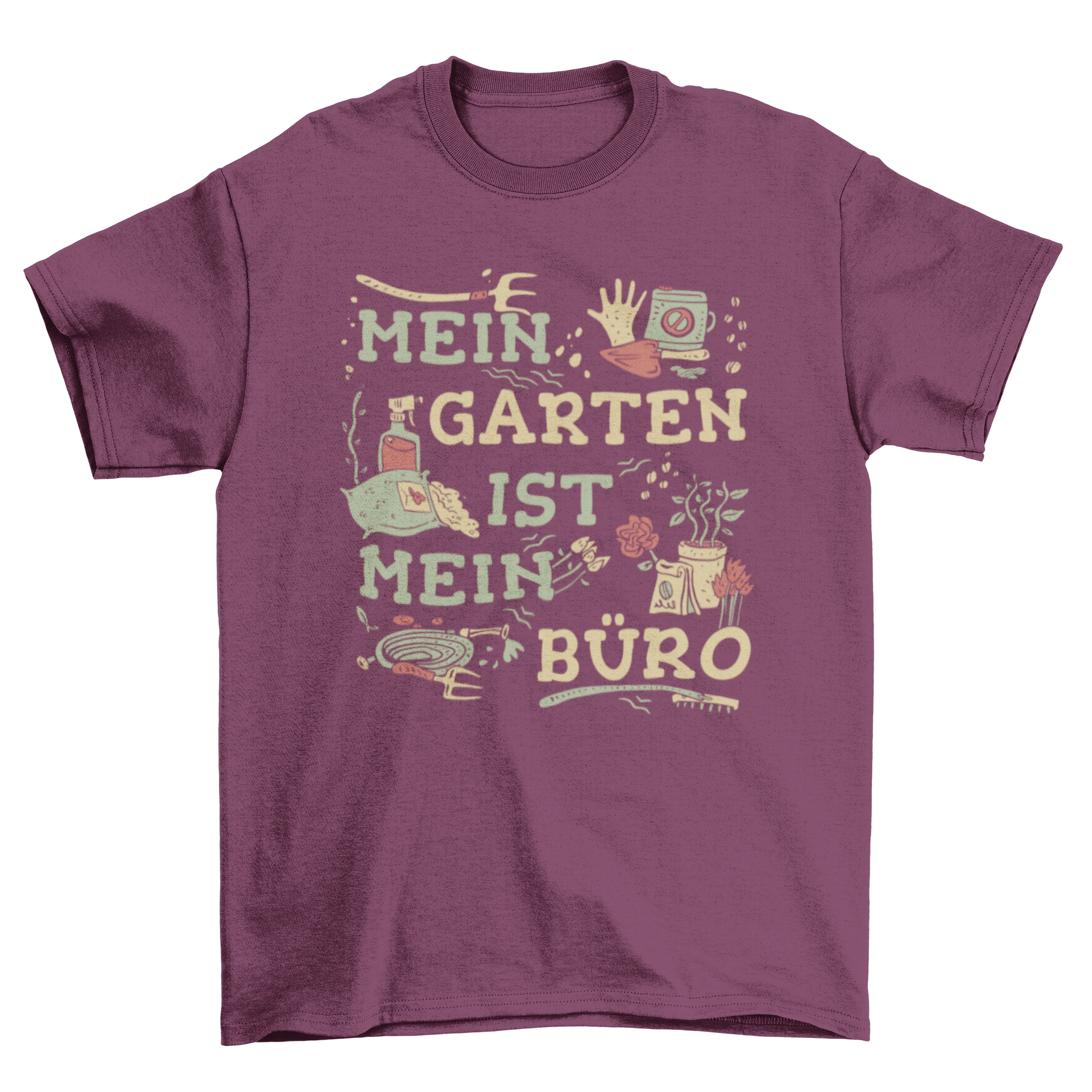A vintage-style t-shirt featuring a German quote about gardening, adorned with illustrations of gardening tools and plants.
