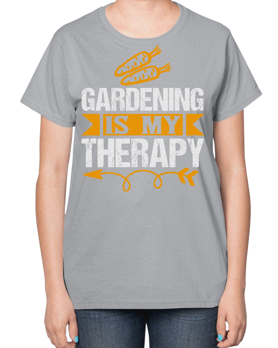 A stylish ladies t-shirt featuring the phrase 'Gardening is my Therapy', designed for garden enthusiasts, made from soft cotton blend fabric.
