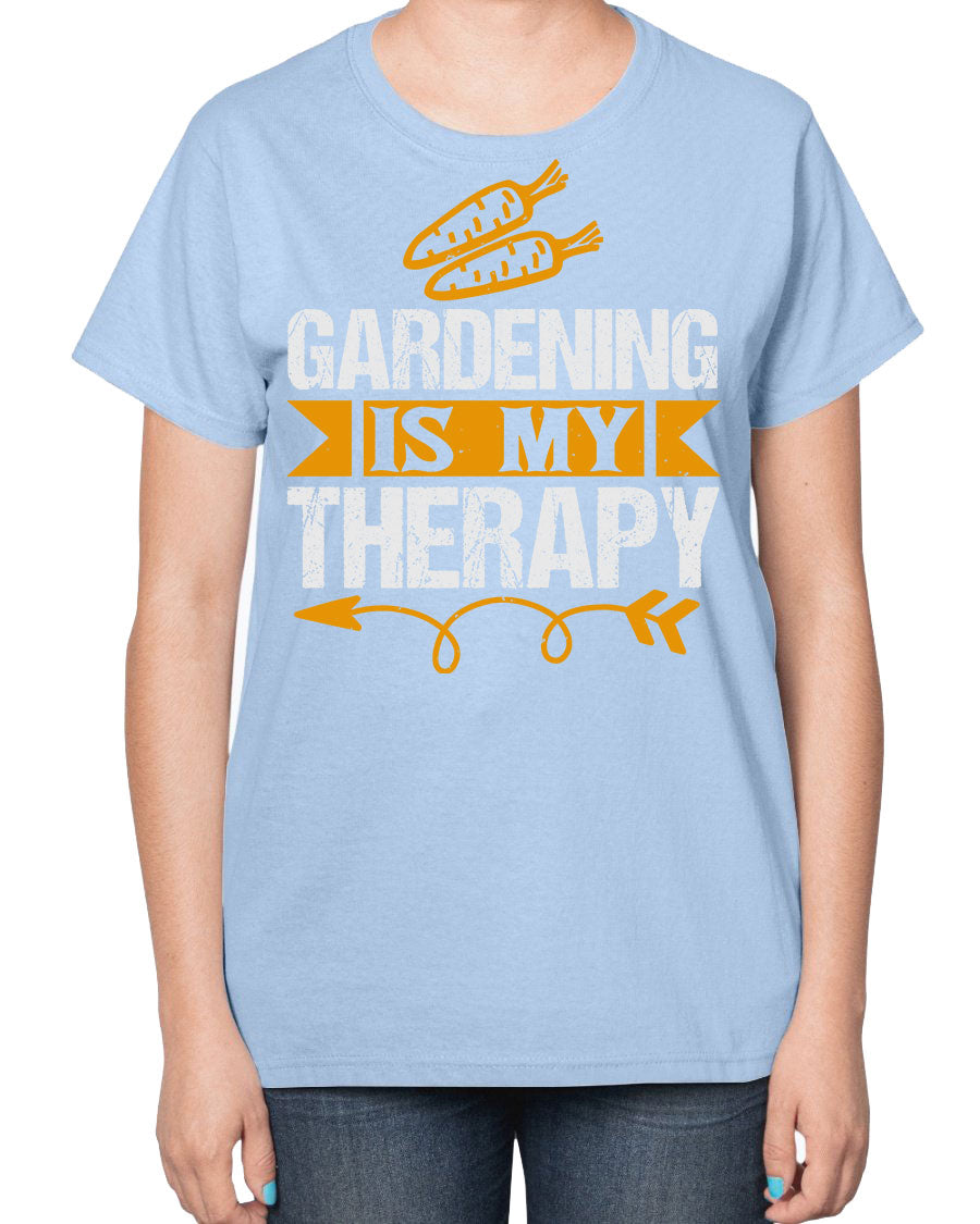 A stylish ladies t-shirt featuring the phrase 'Gardening is my Therapy', designed for garden enthusiasts, made from soft cotton blend fabric.