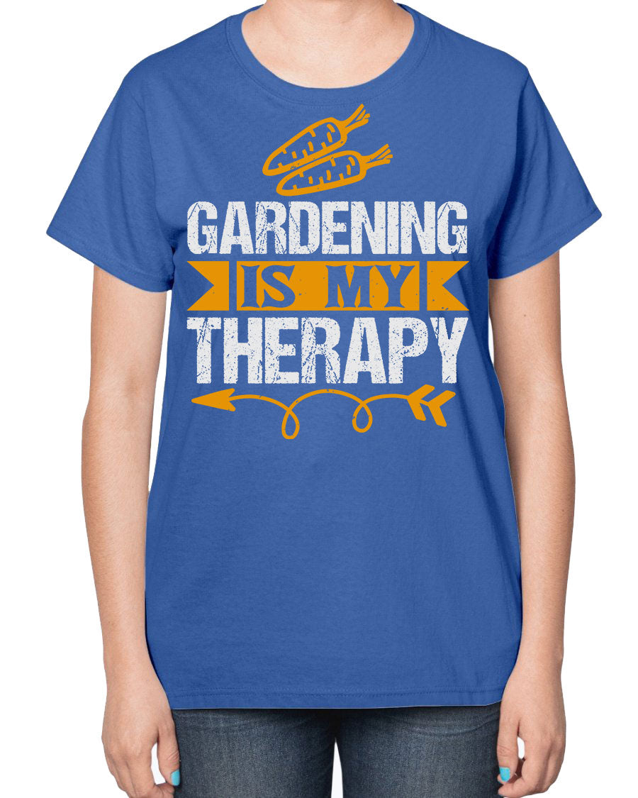A stylish ladies t-shirt featuring the phrase 'Gardening is my Therapy', designed for garden enthusiasts, made from soft cotton blend fabric.