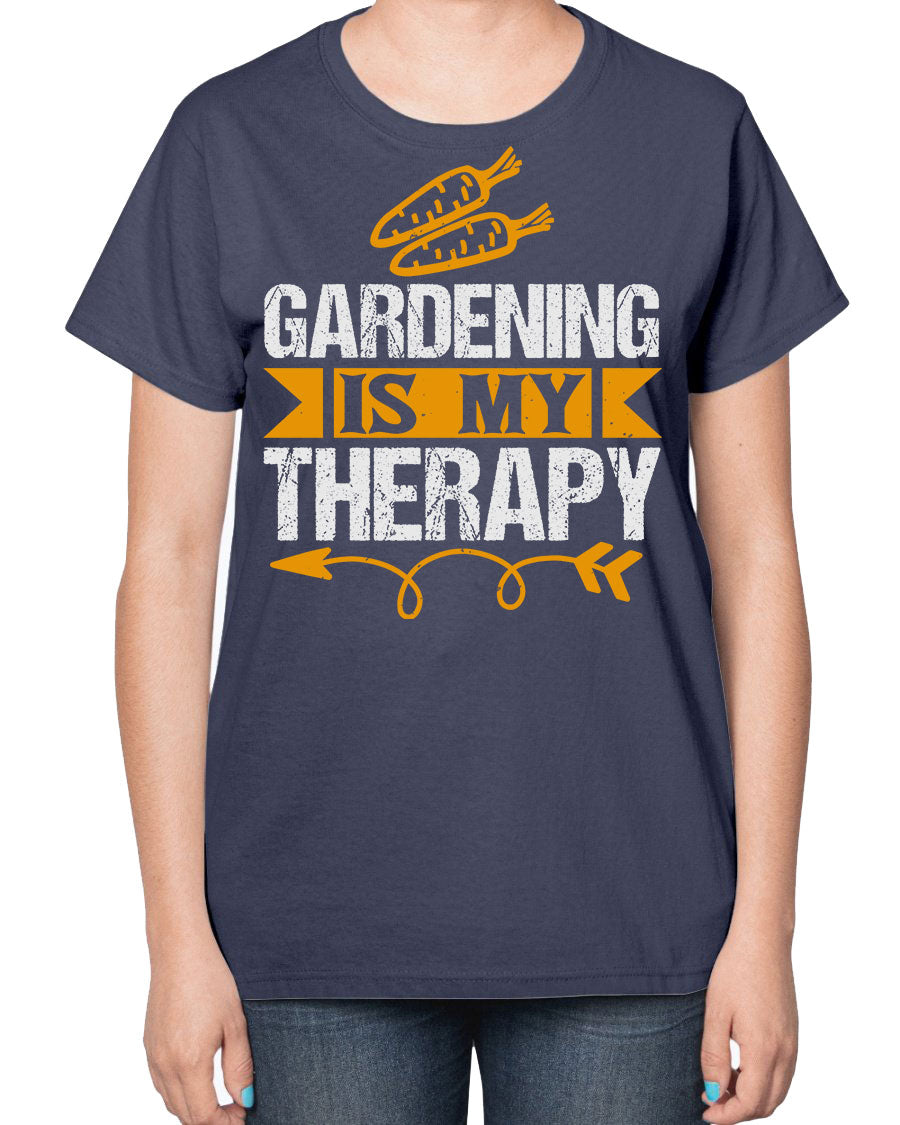 A stylish ladies t-shirt featuring the phrase 'Gardening is my Therapy', designed for garden enthusiasts, made from soft cotton blend fabric.