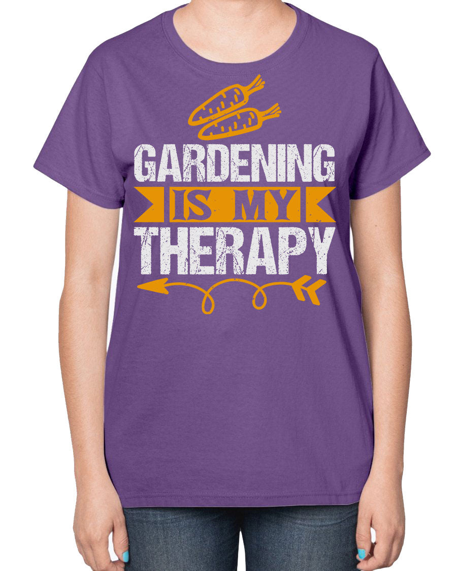 A stylish ladies t-shirt featuring the phrase 'Gardening is my Therapy', designed for garden enthusiasts, made from soft cotton blend fabric.