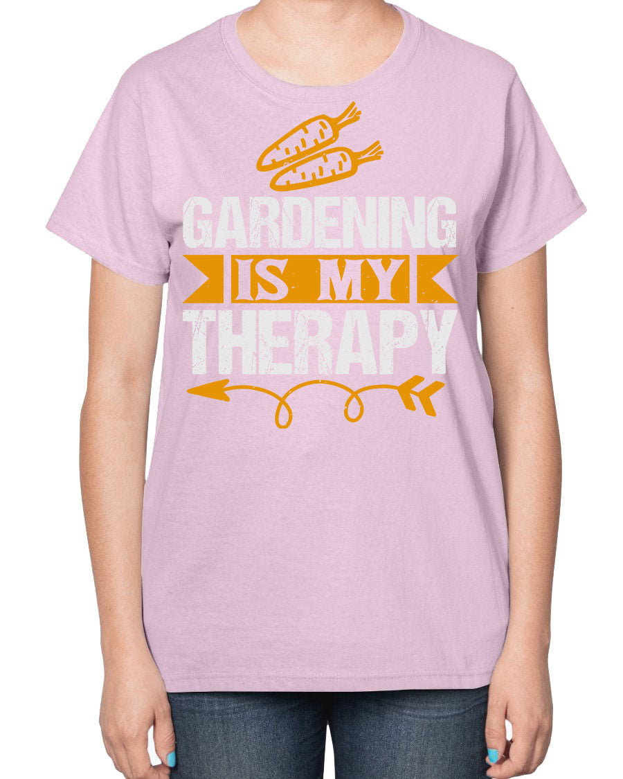 A stylish ladies t-shirt featuring the phrase 'Gardening is my Therapy', designed for garden enthusiasts, made from soft cotton blend fabric.