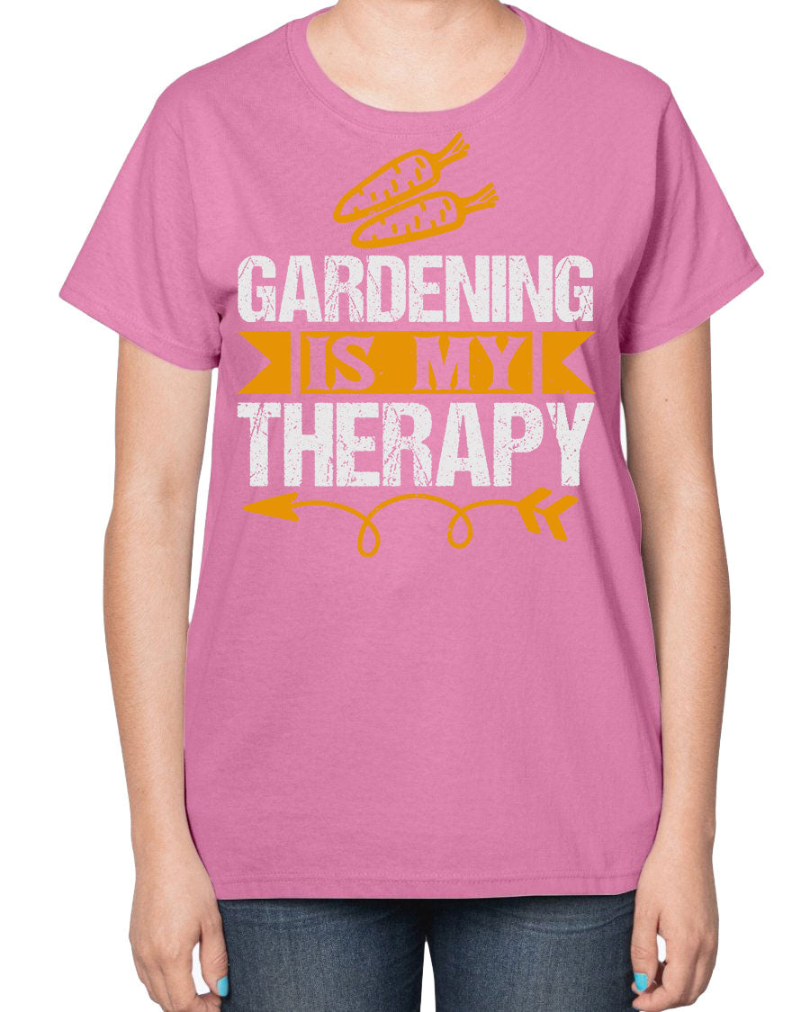 A stylish ladies t-shirt featuring the phrase 'Gardening is my Therapy', designed for garden enthusiasts, made from soft cotton blend fabric.