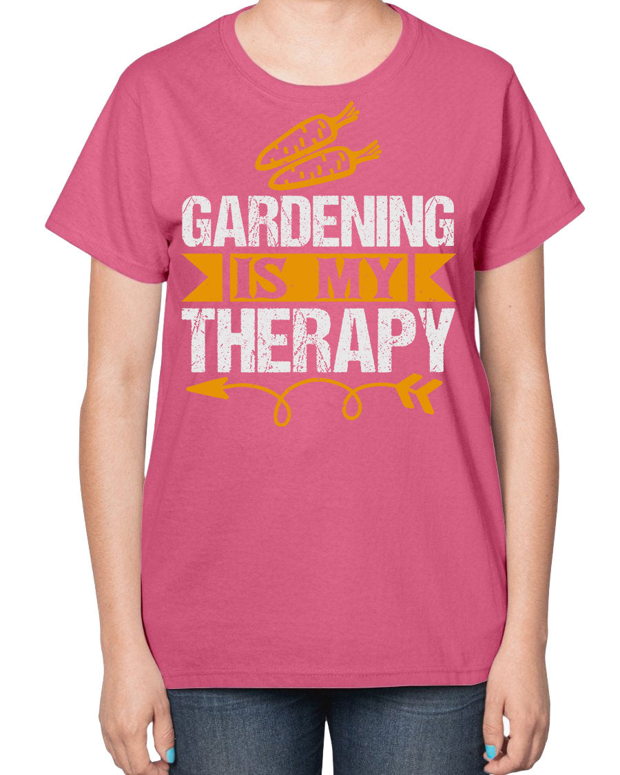 A stylish ladies t-shirt featuring the phrase 'Gardening is my Therapy', designed for garden enthusiasts, made from soft cotton blend fabric.