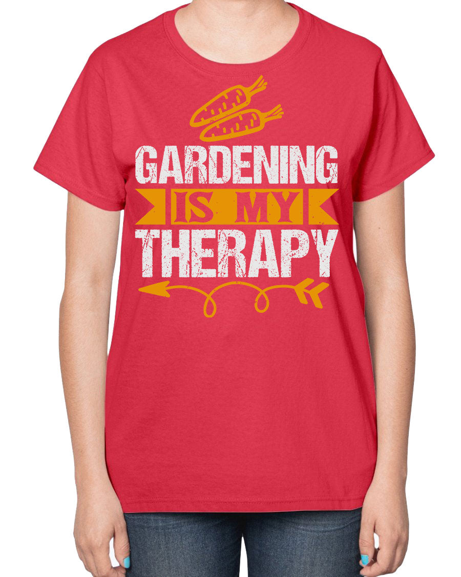 A stylish ladies t-shirt featuring the phrase 'Gardening is my Therapy', designed for garden enthusiasts, made from soft cotton blend fabric.