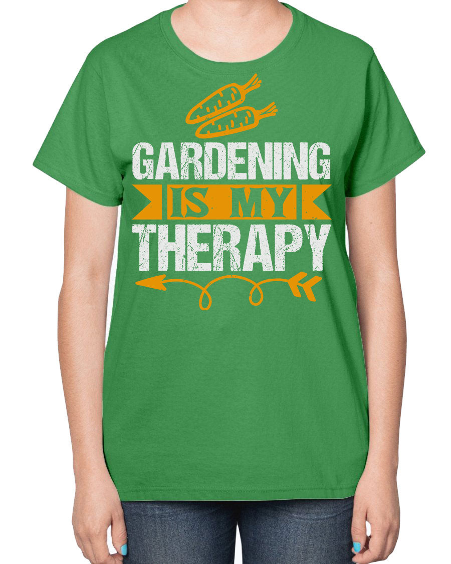 A stylish ladies t-shirt featuring the phrase 'Gardening is my Therapy', designed for garden enthusiasts, made from soft cotton blend fabric.