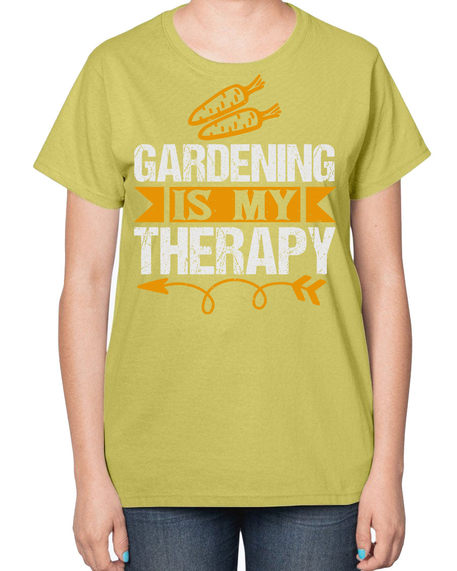A stylish ladies t-shirt featuring the phrase 'Gardening is my Therapy', designed for garden enthusiasts, made from soft cotton blend fabric.