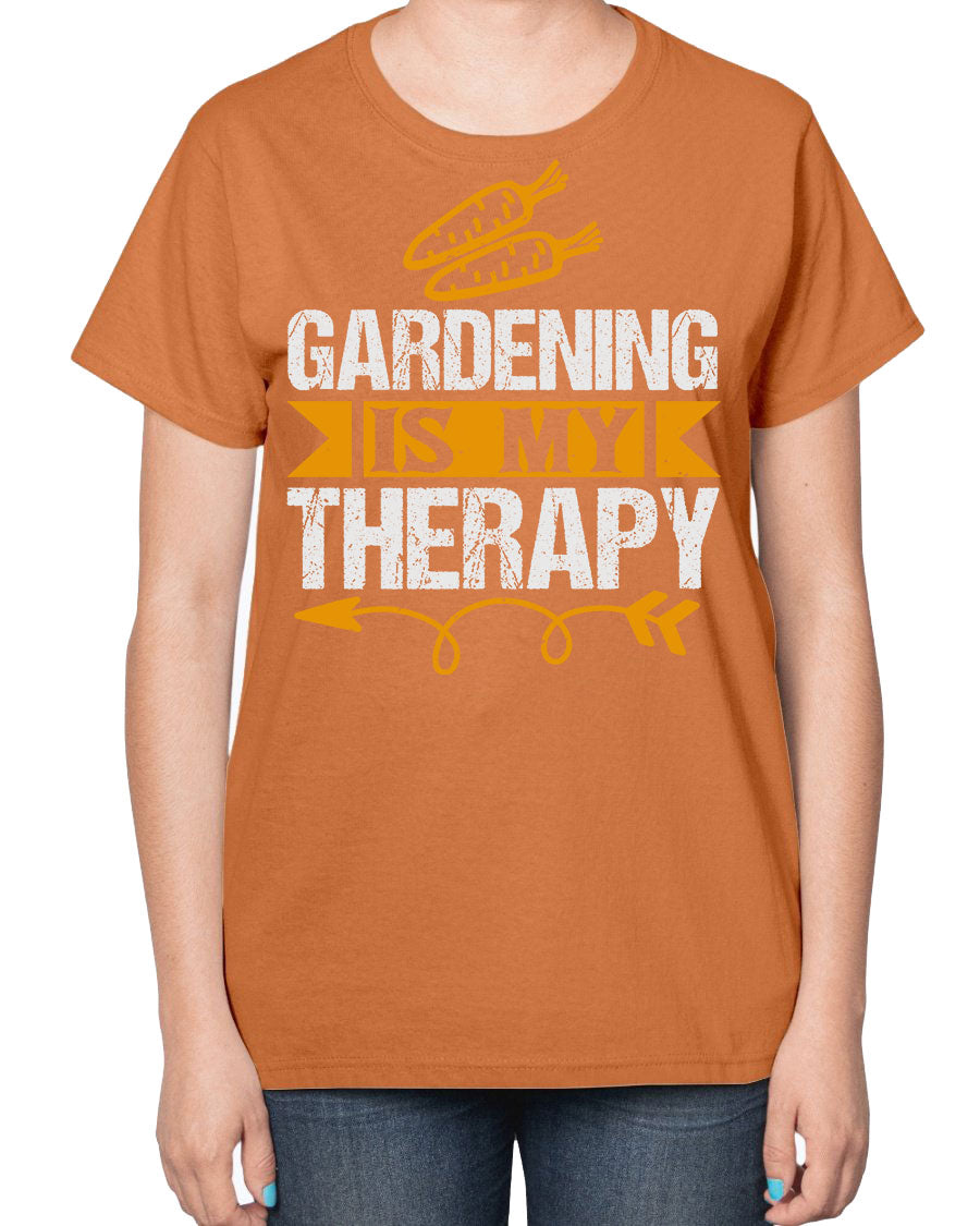 A stylish ladies t-shirt featuring the phrase 'Gardening is my Therapy', designed for garden enthusiasts, made from soft cotton blend fabric.