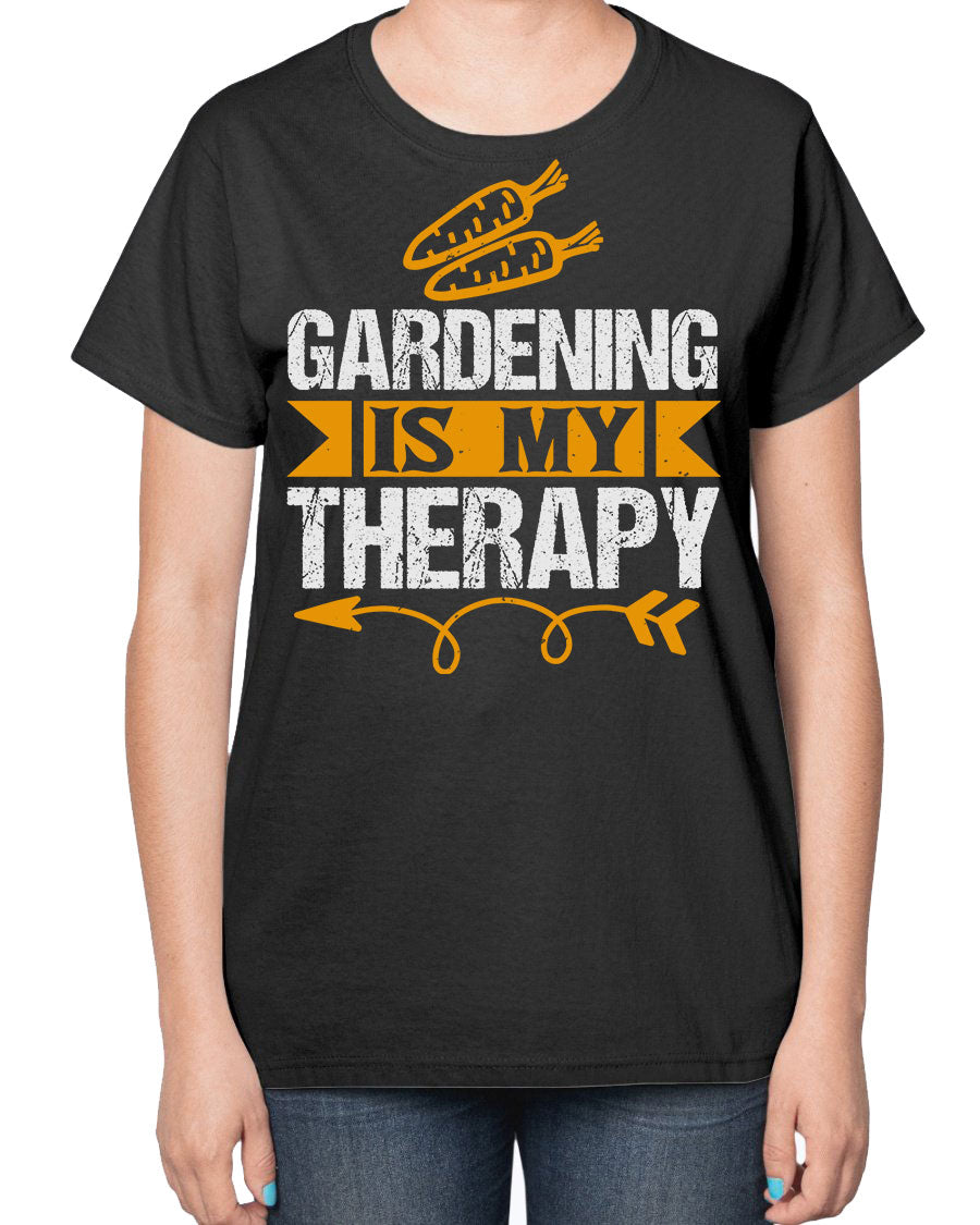 A stylish ladies t-shirt featuring the phrase 'Gardening is my Therapy', designed for garden enthusiasts, made from soft cotton blend fabric.
