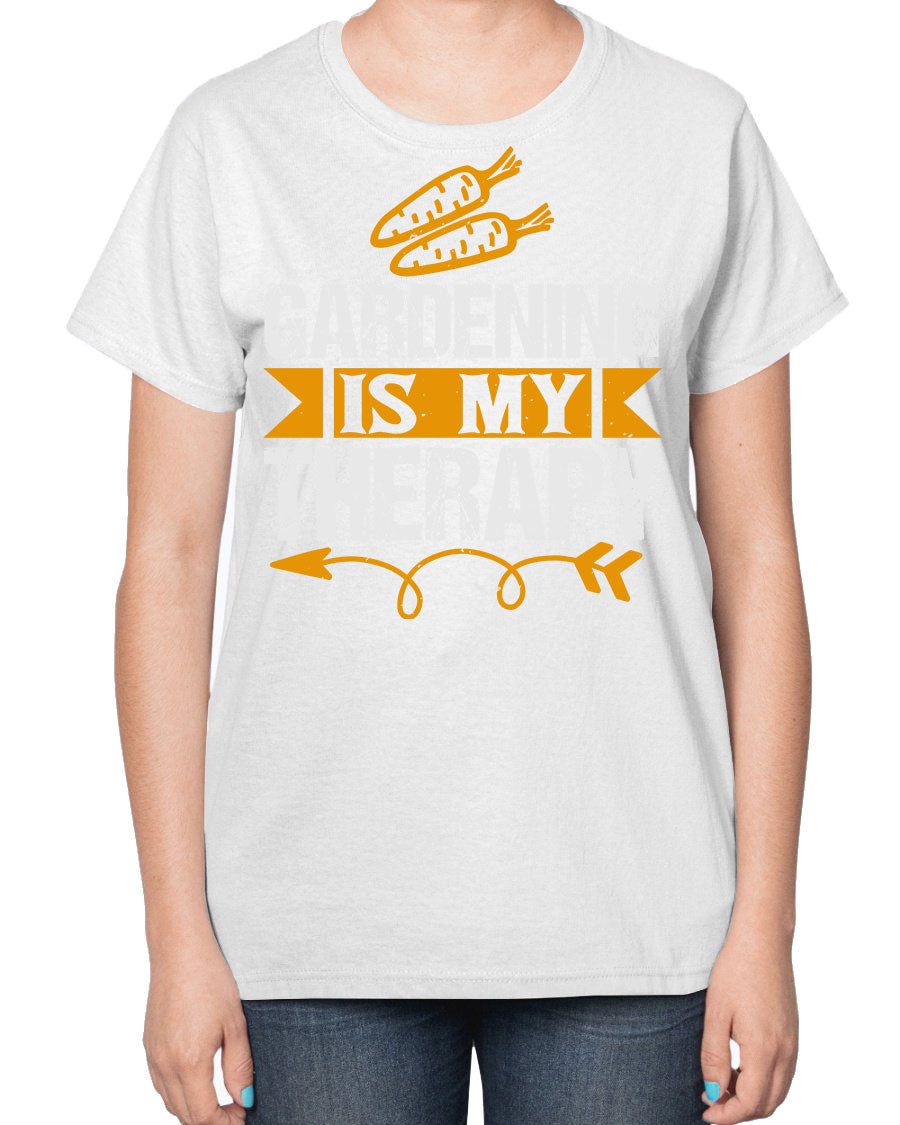 A stylish ladies t-shirt featuring the phrase 'Gardening is my Therapy', designed for garden enthusiasts, made from soft cotton blend fabric.