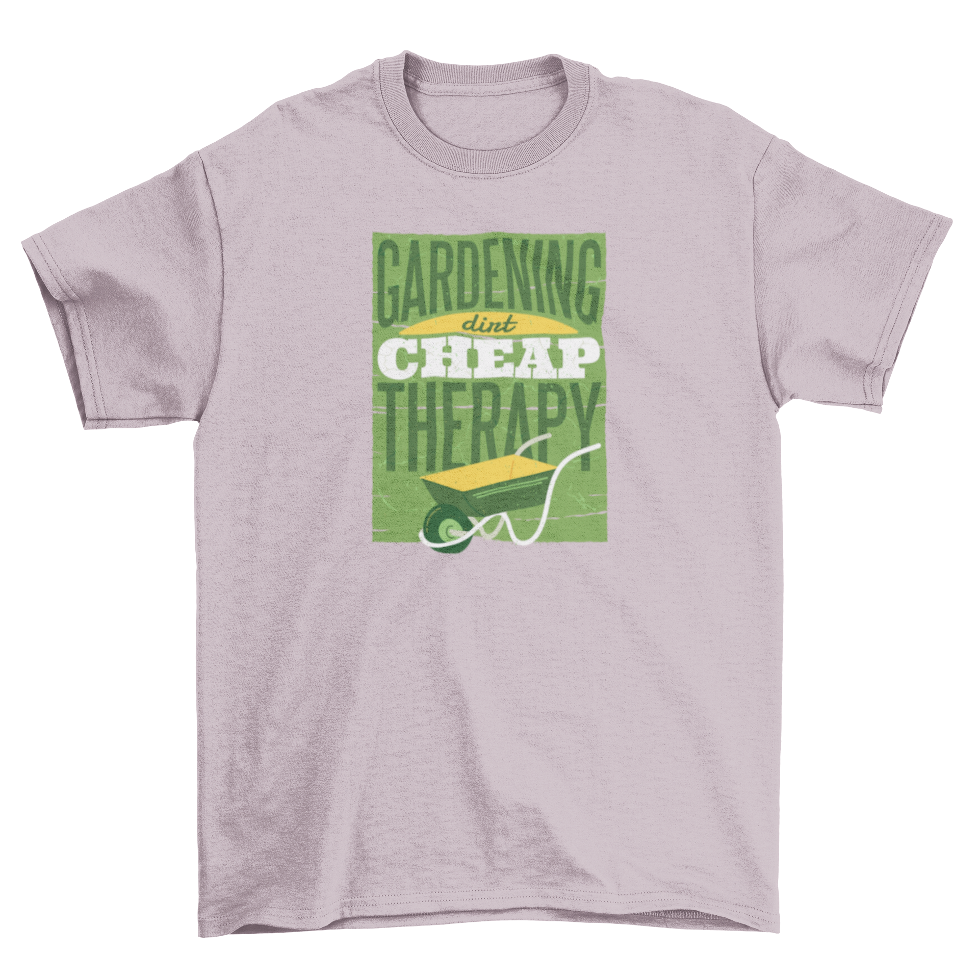 Gardening Therapy T-shirt featuring a wheelbarrow illustration and quote.