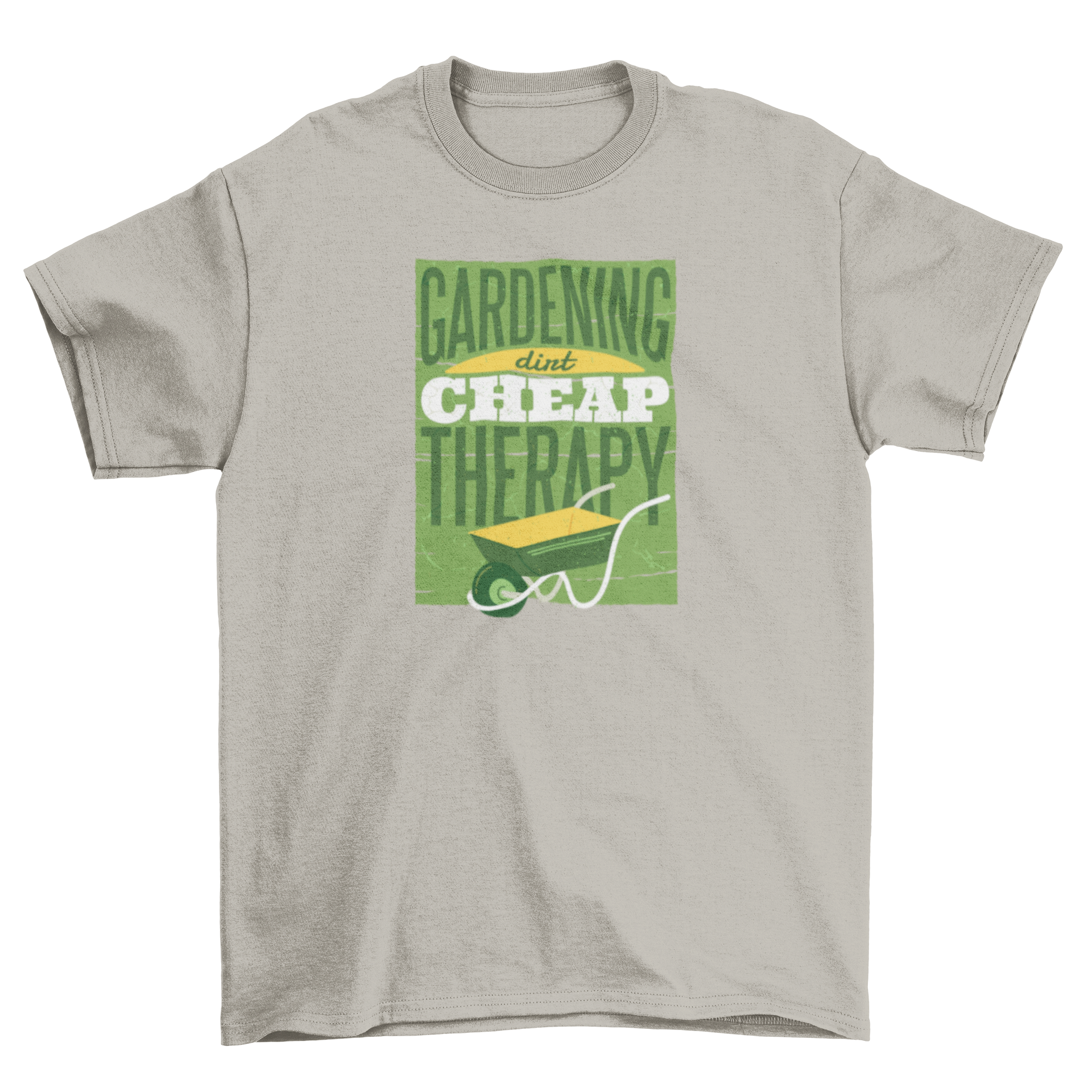 Gardening Therapy T-shirt featuring a wheelbarrow illustration and quote.