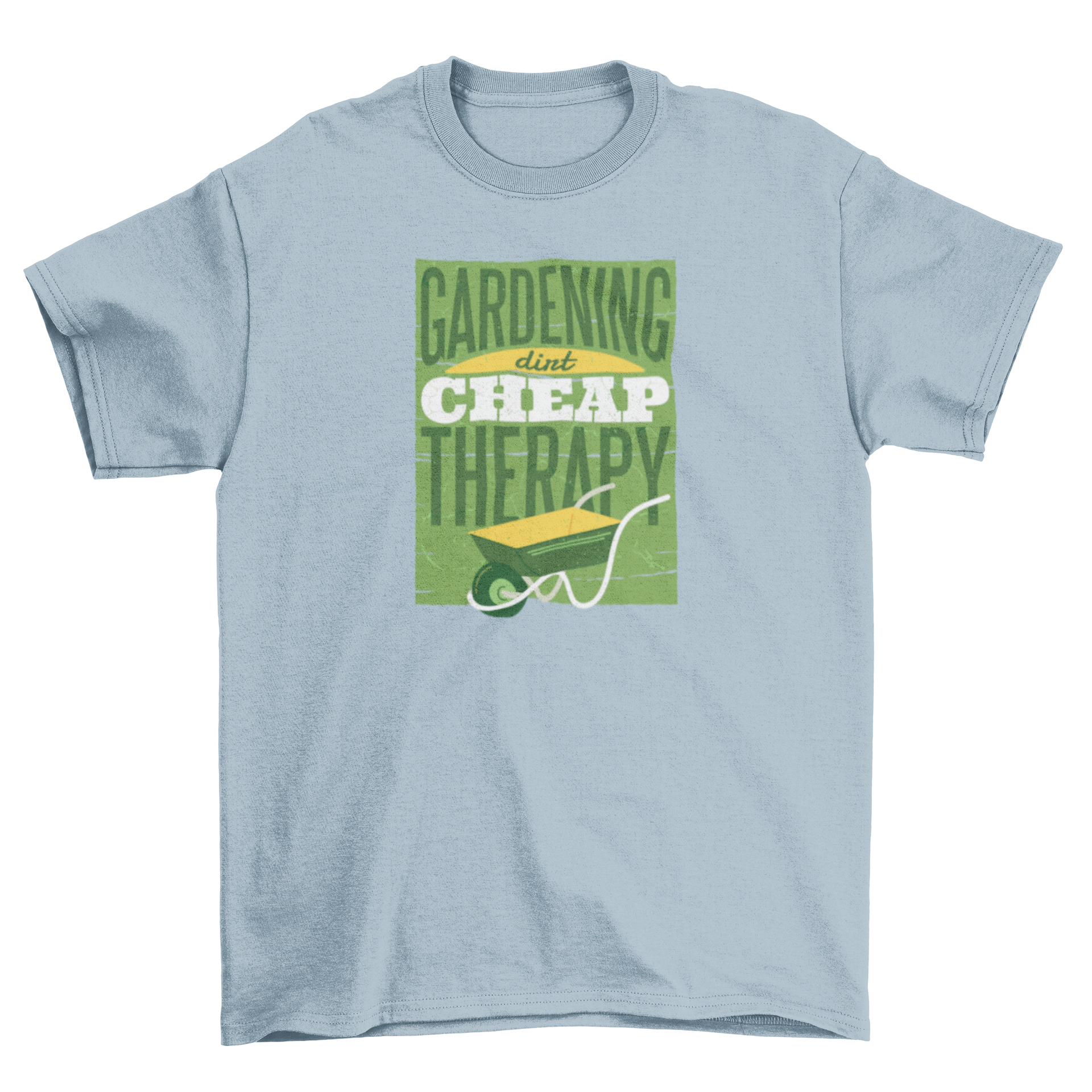 Gardening Therapy T-shirt featuring a wheelbarrow illustration and quote.