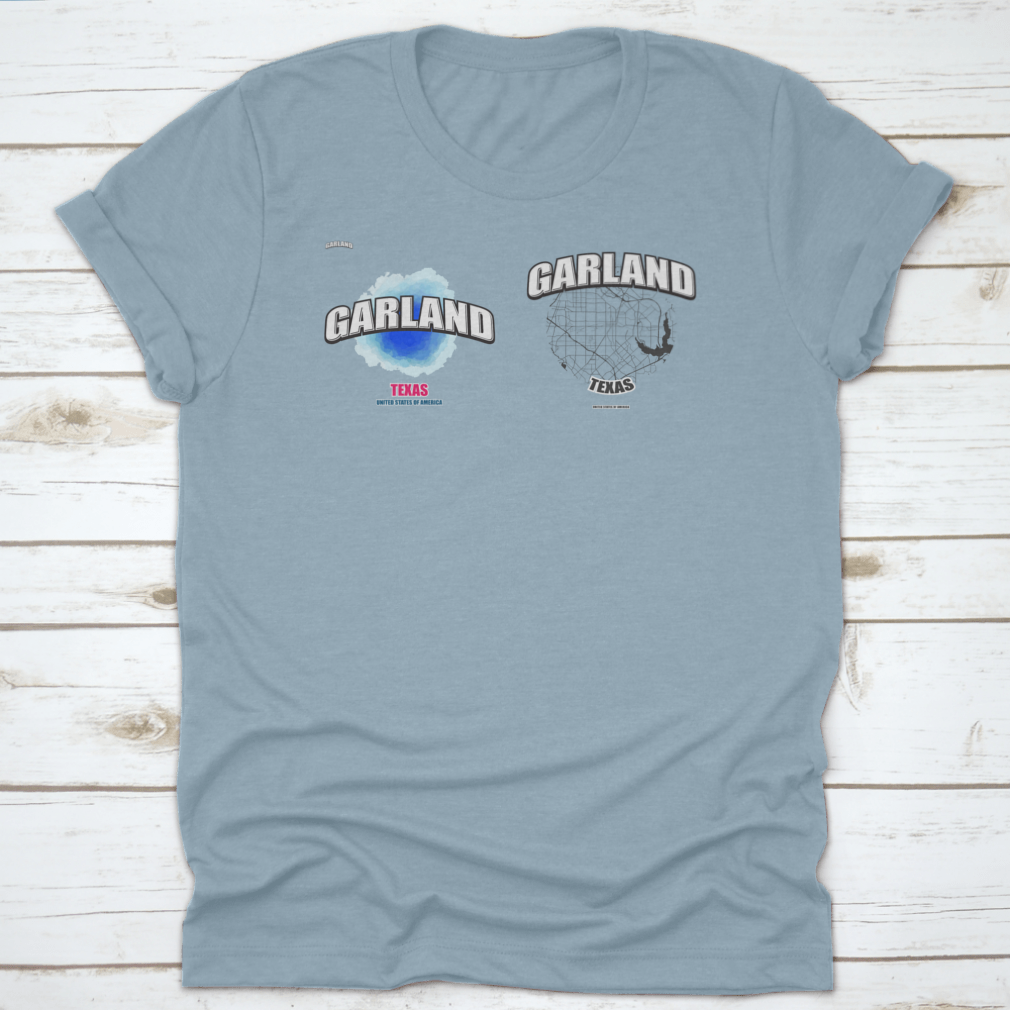 Garland, Texas logo design featuring two-in-one vector arts on a cotton fabric, showcasing a classic fit and midweight material.