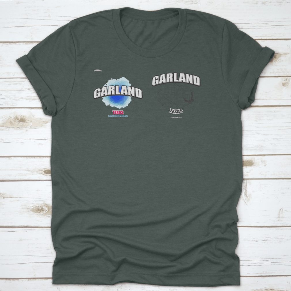 Garland, Texas logo design featuring two-in-one vector arts on a cotton fabric, showcasing a classic fit and midweight material.