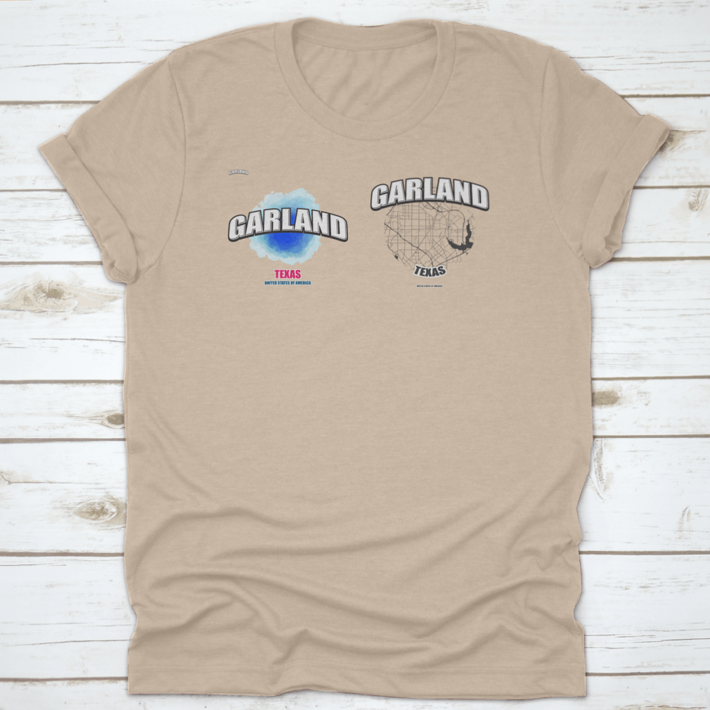 Garland, Texas logo design featuring two-in-one vector arts on a cotton fabric, showcasing a classic fit and midweight material.