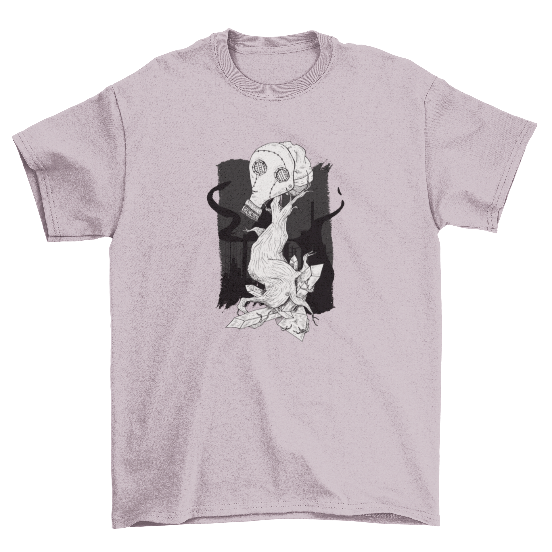 Gas Mask Tree T-Shirt Design featuring a grunge-style tree with a gas mask and colorful gems.