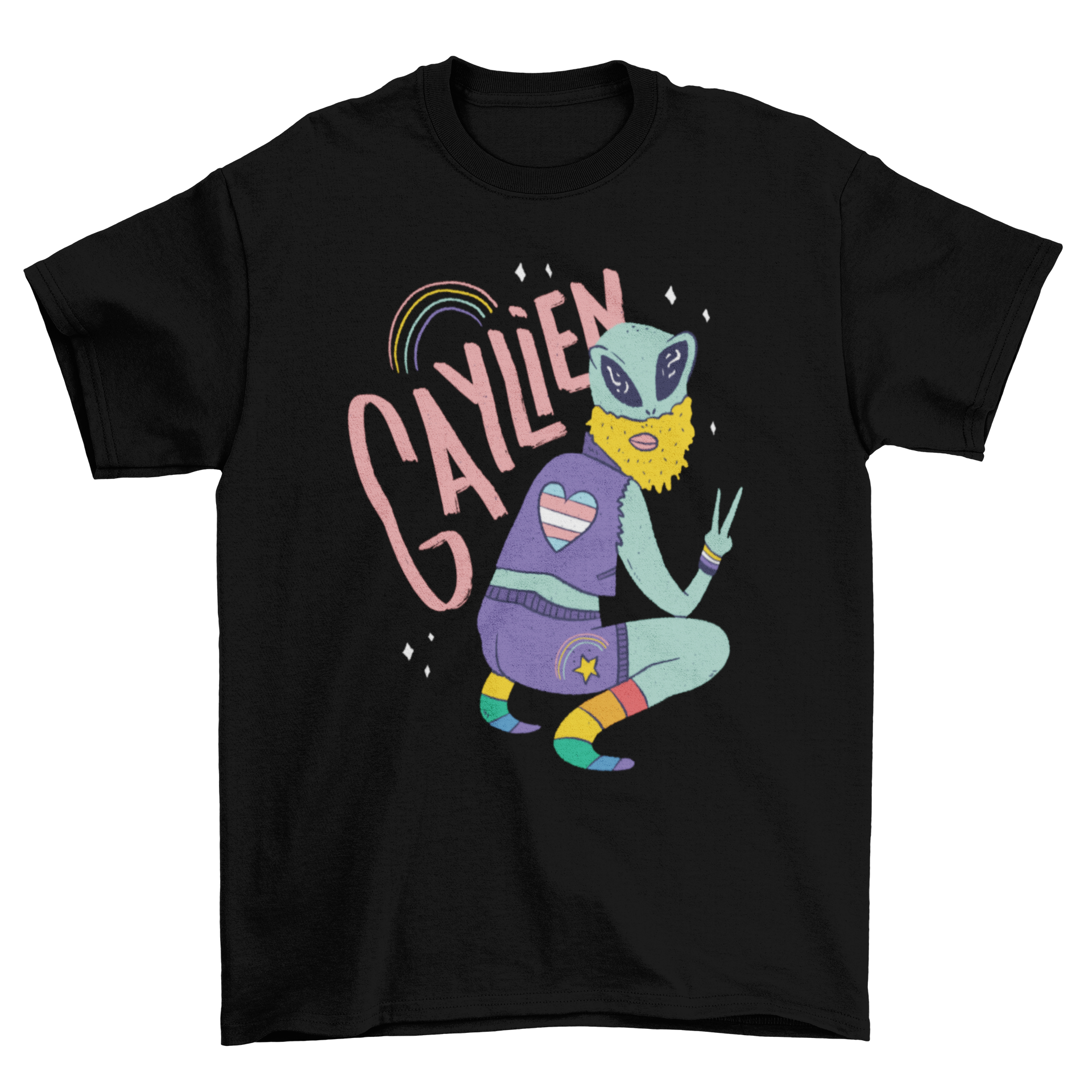 Colorful T-shirt design featuring a gay alien and the text 'GAYLIEN', perfect for pride and individuality.