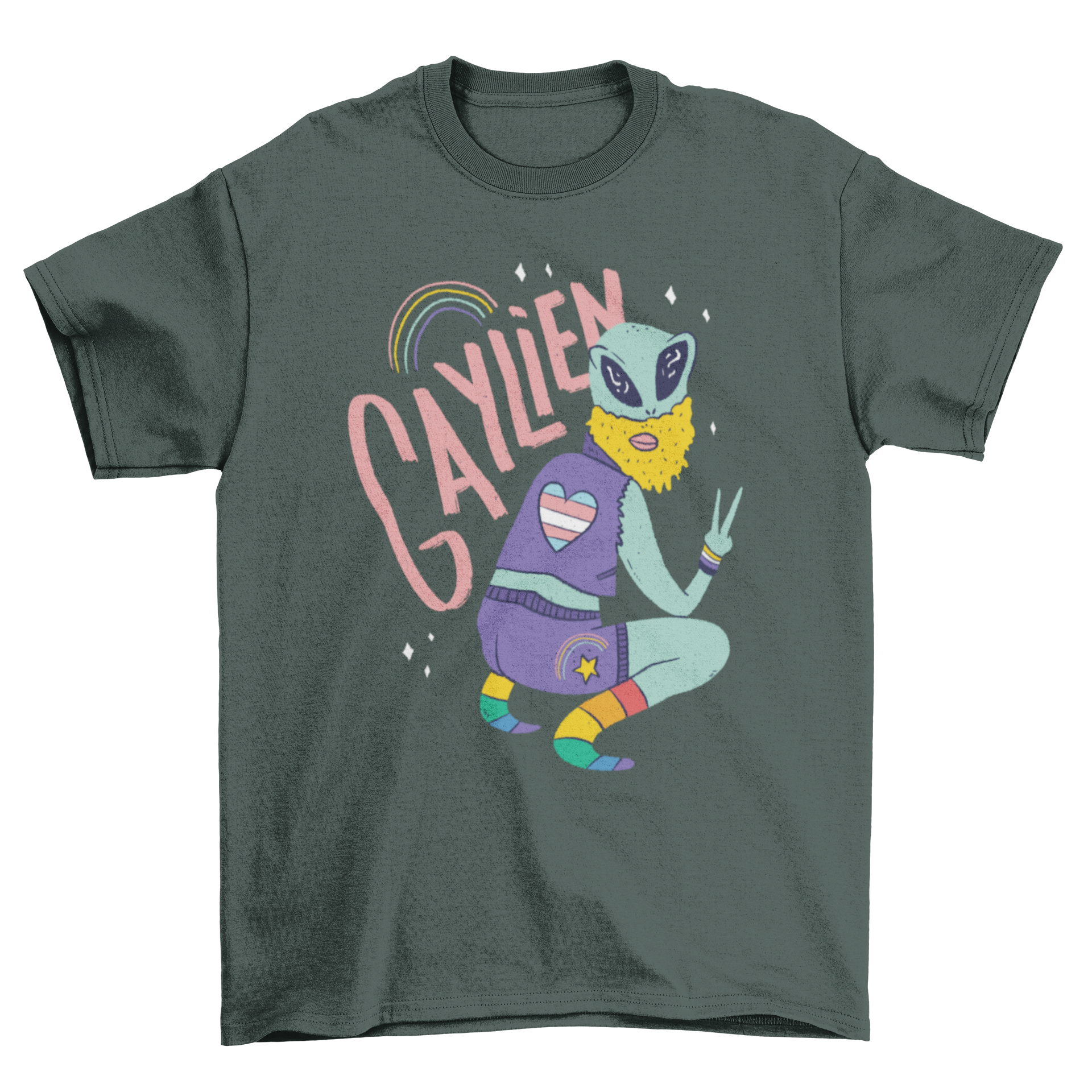 Colorful T-shirt design featuring a gay alien and the text 'GAYLIEN', perfect for pride and individuality.