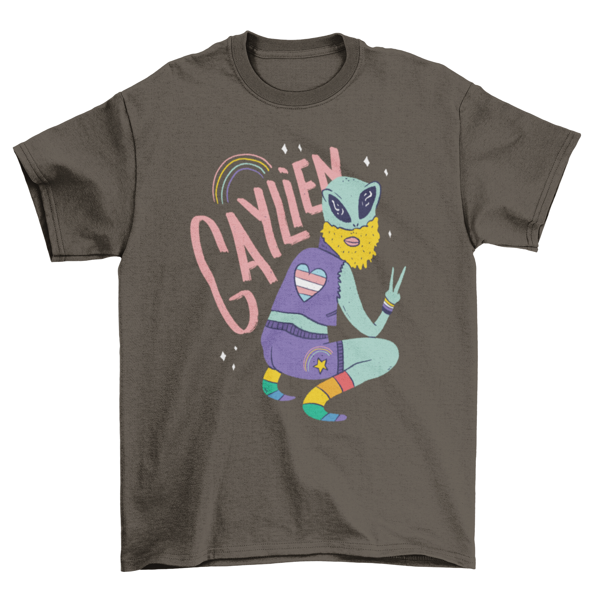 Colorful T-shirt design featuring a gay alien and the text 'GAYLIEN', perfect for pride and individuality.